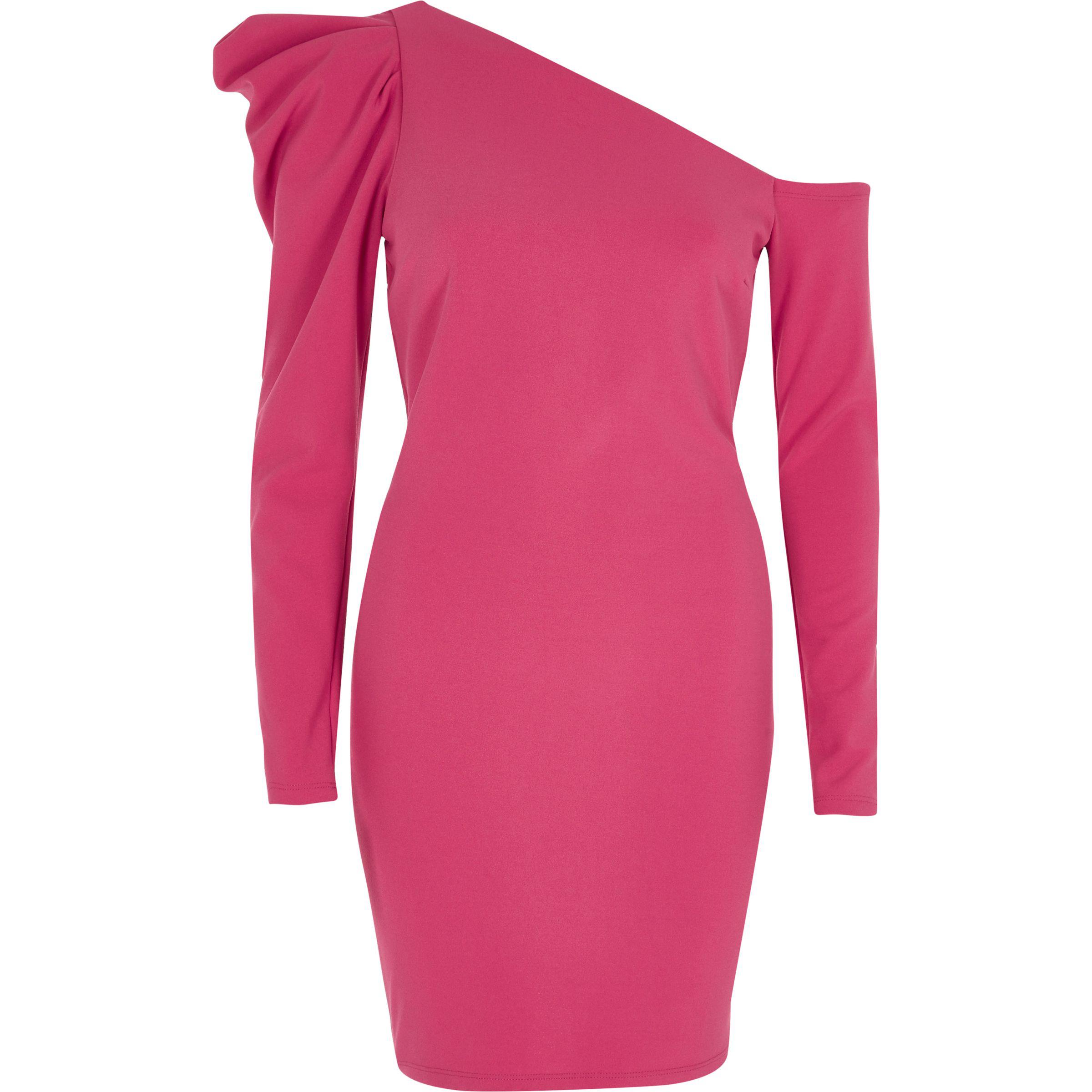 Lyst - River Island Pink One Shoulder Puff Sleeve Bodycon Dress in Pink