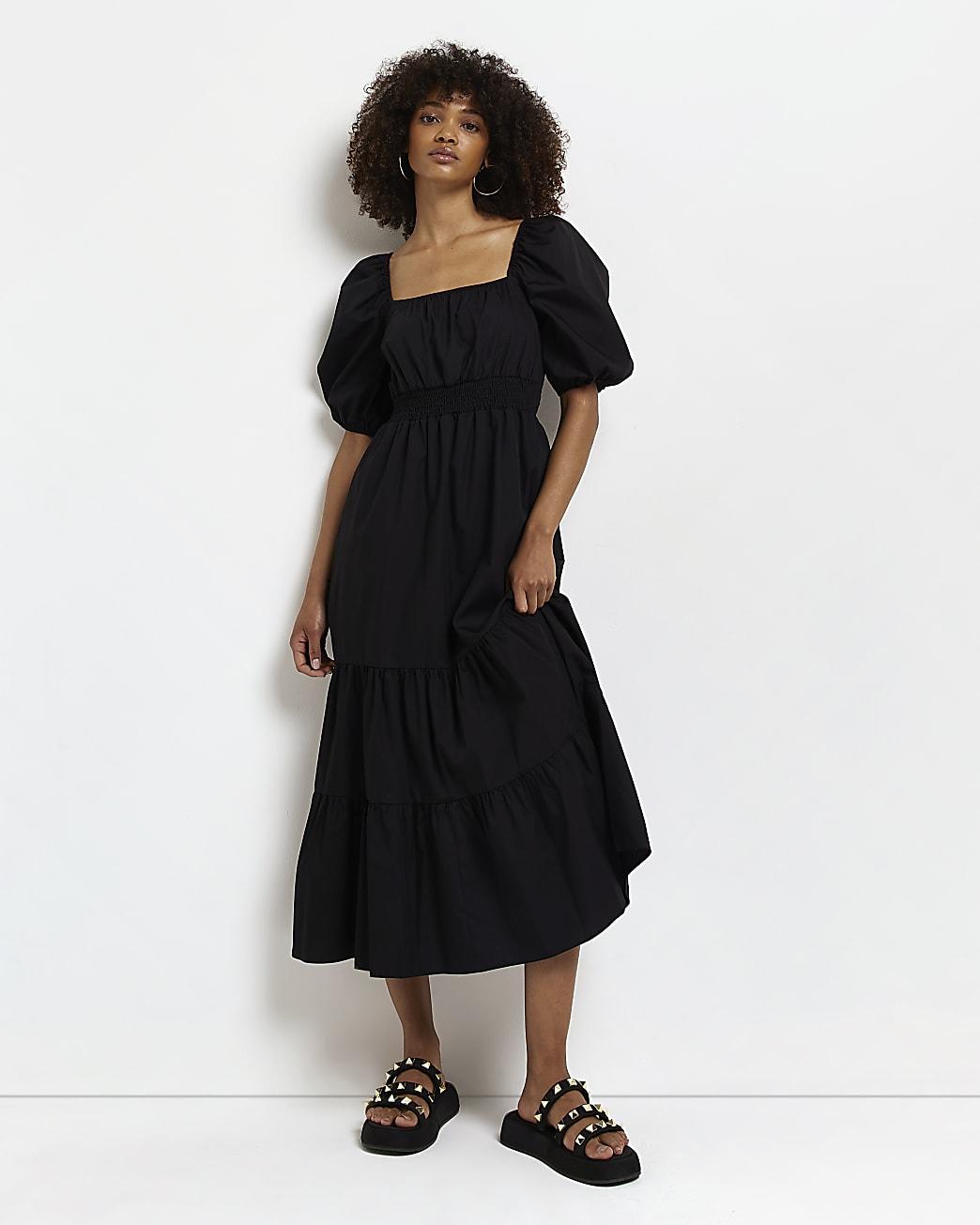 Black Shirred Smock Midi Dress | Lyst