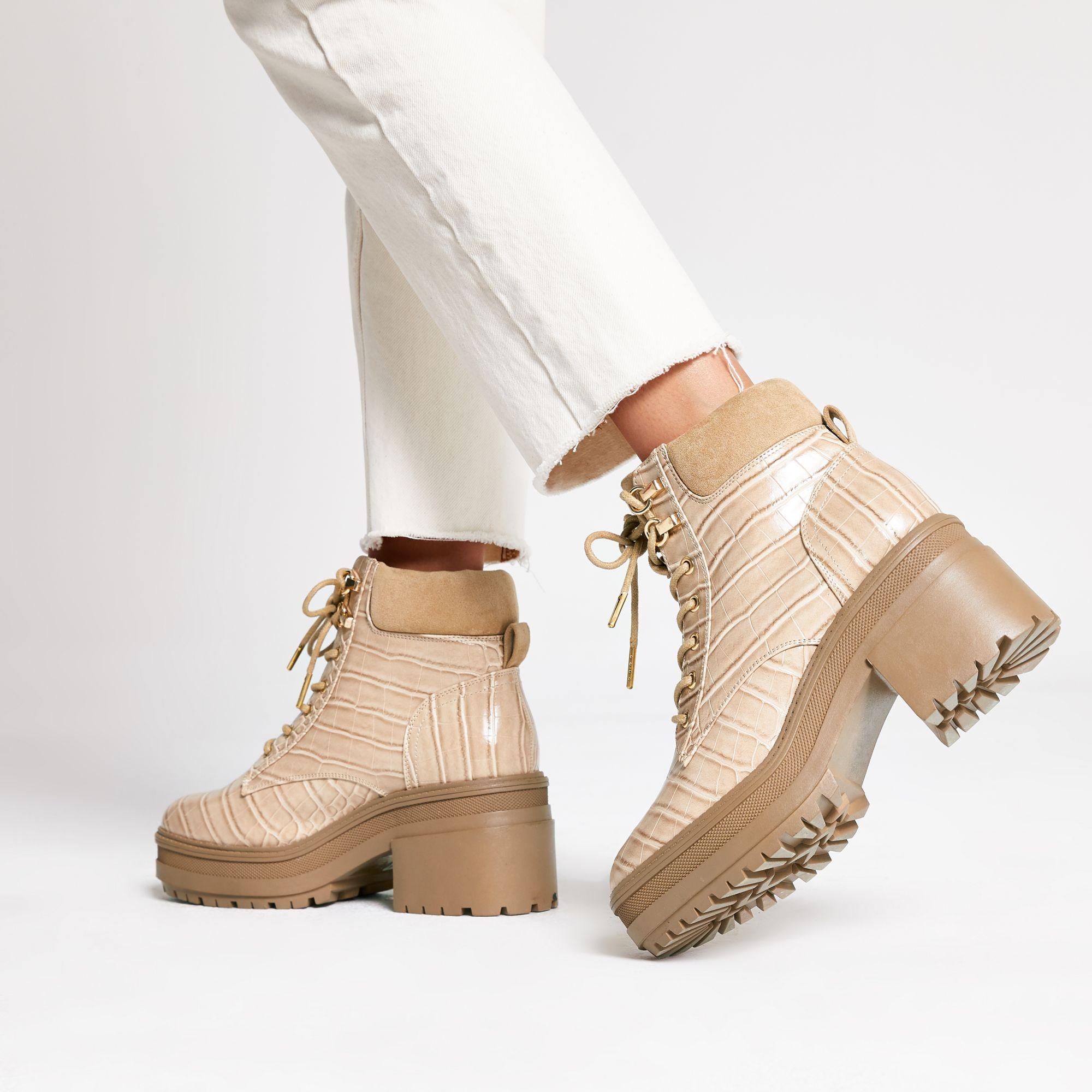 River Island Beige Croc Lace-up Chunky Boots in Natural - Lyst
