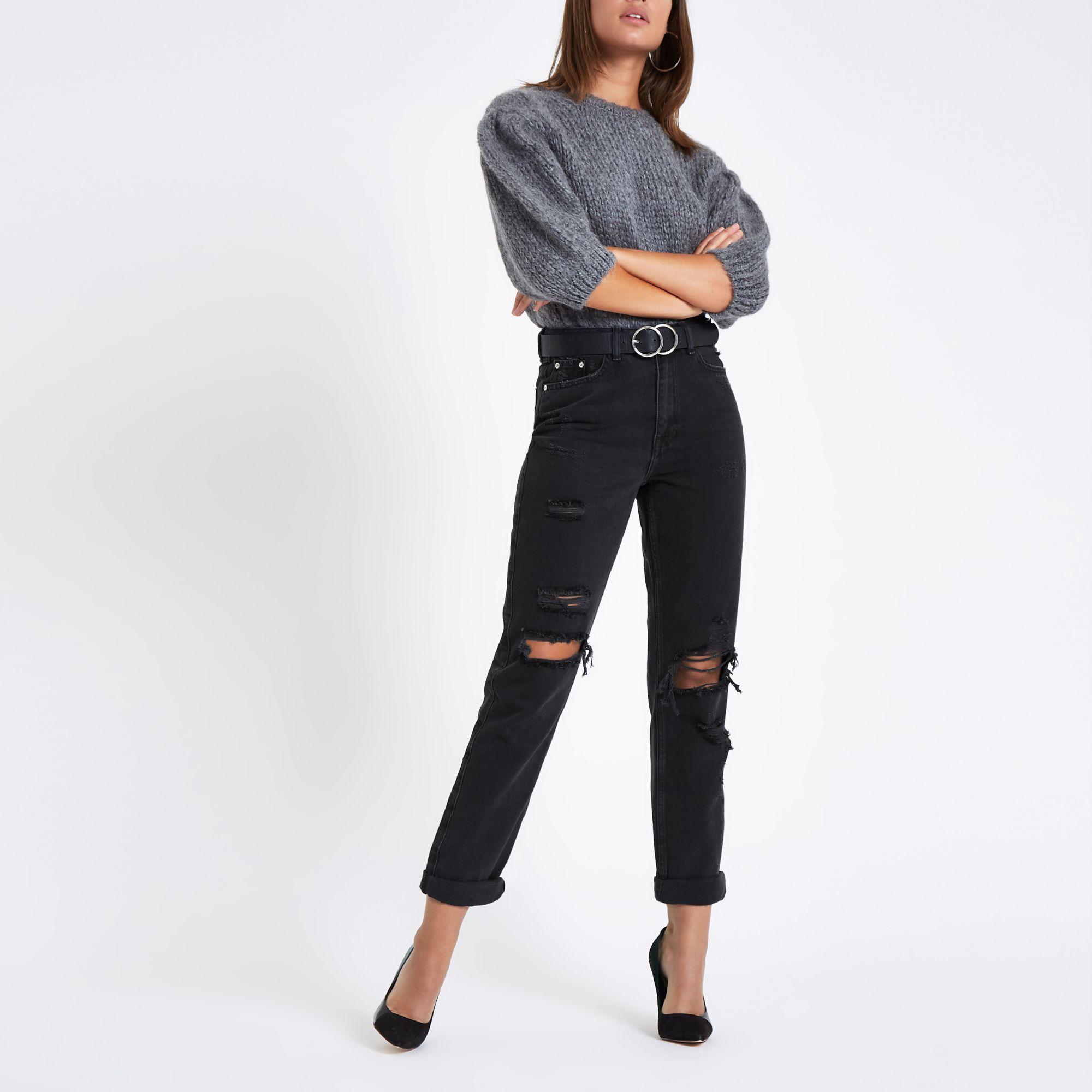 Denim High Rise Mom Fit Ripped Jeans 