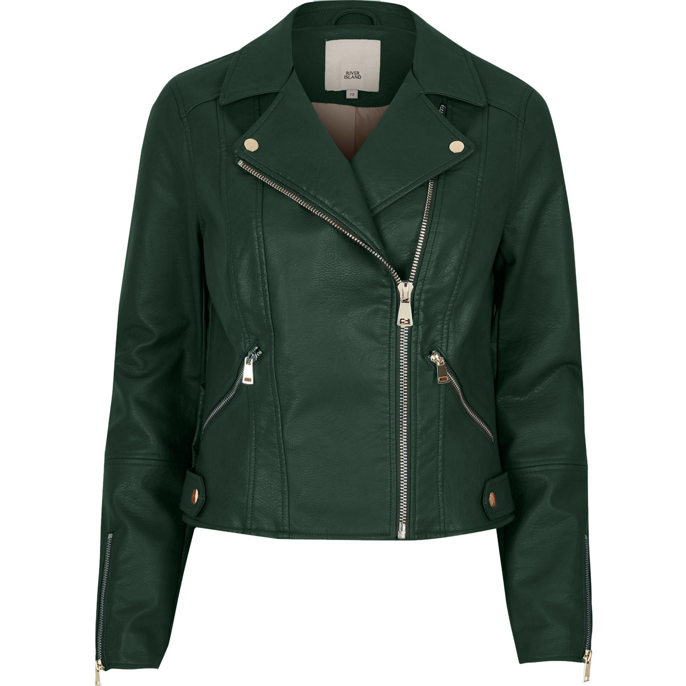 River Island Dark Green Faux Leather Biker Jacket | Lyst