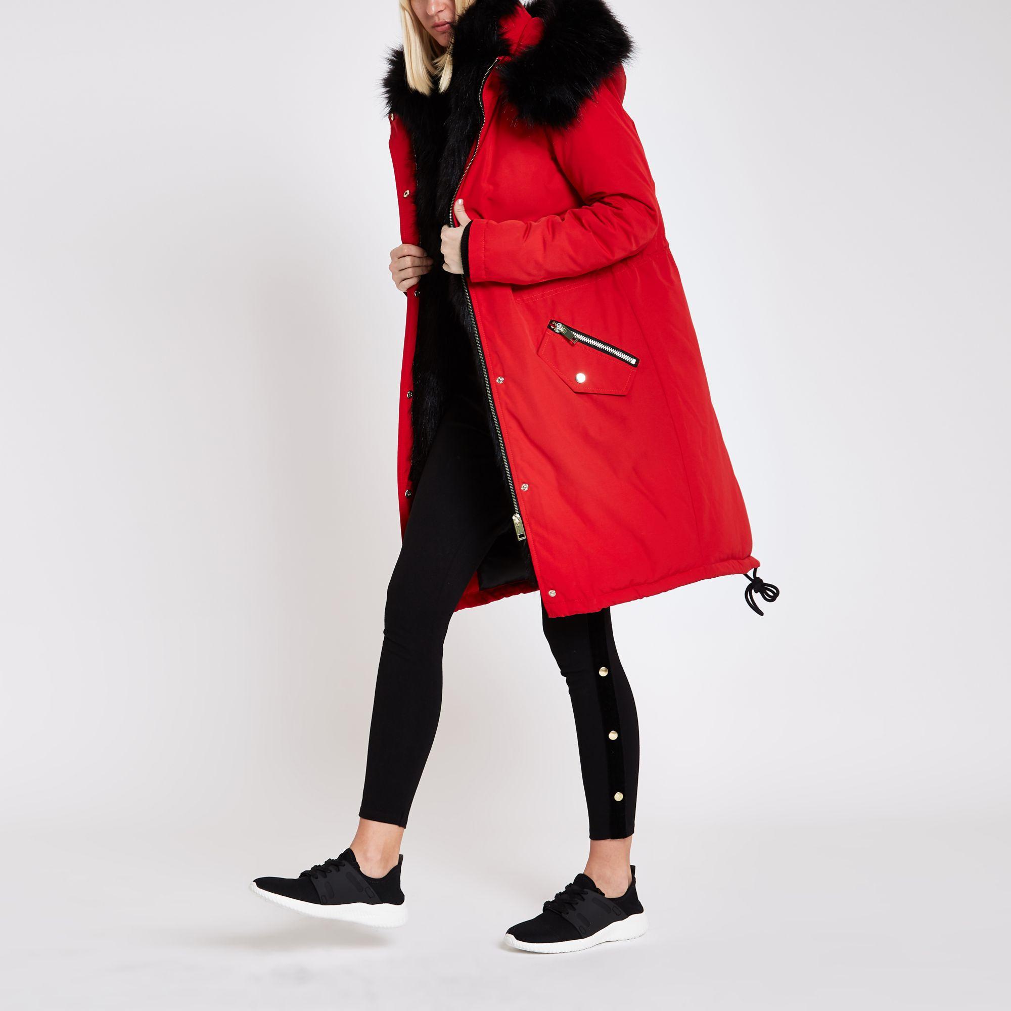 Bright red faux fur trim parka coat Clearance