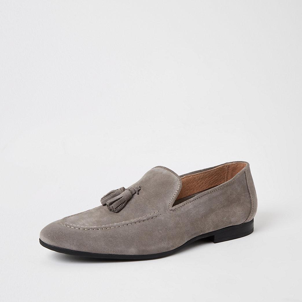 River Island Light Grey Suede Tassel Loafers in Gray for Men | Lyst