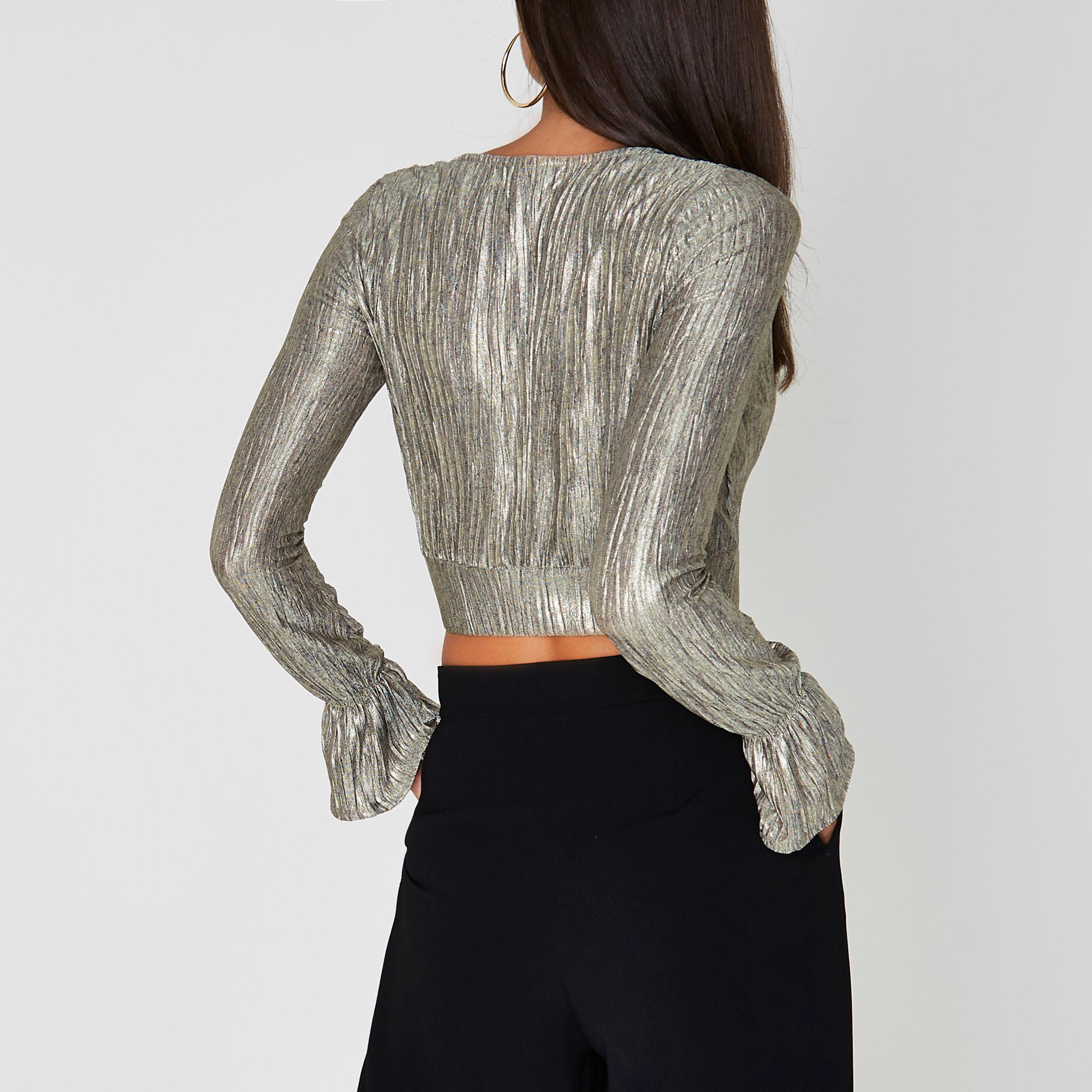 Gold Metallic Plisse Long Sleeve Crop 