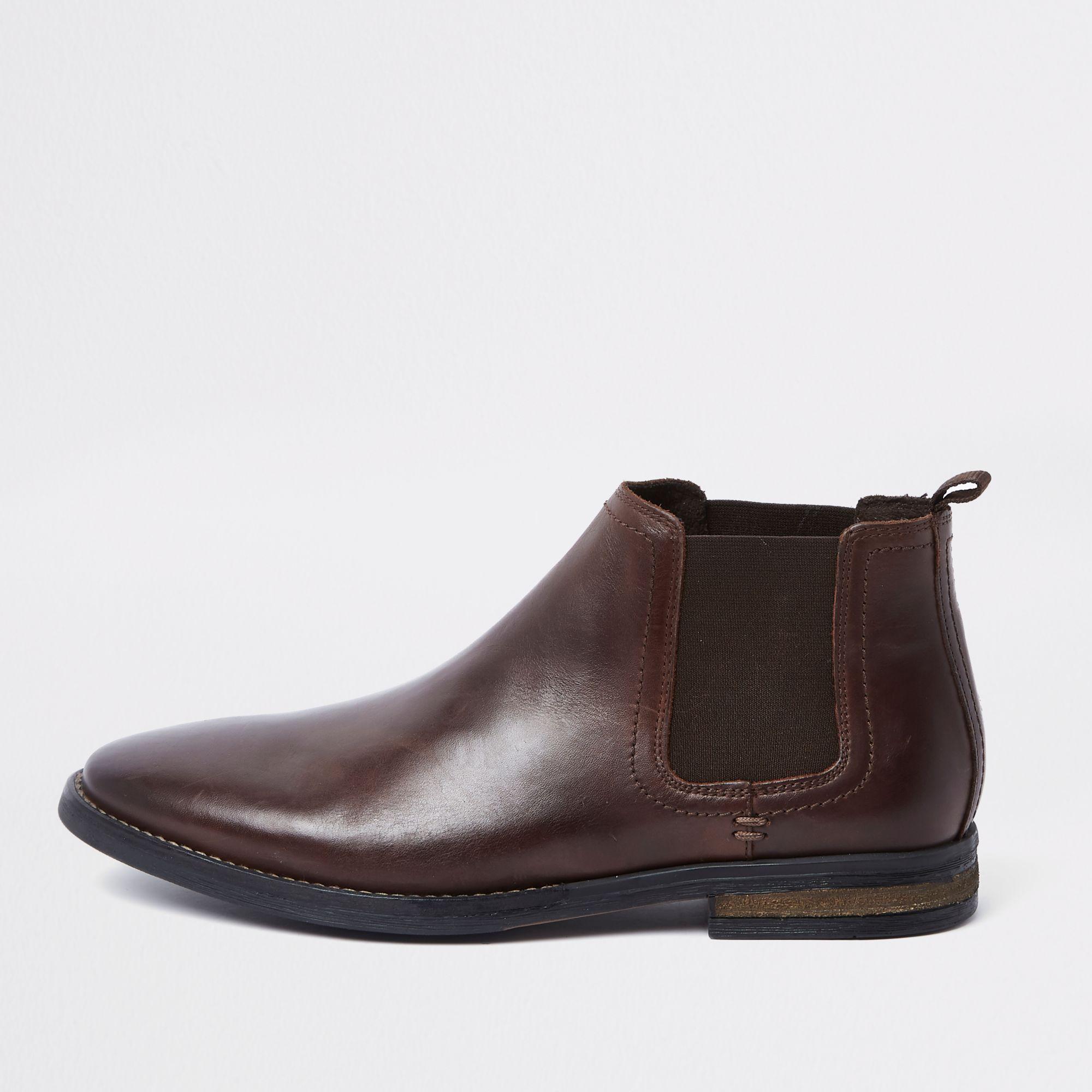 River Island Dark Leather Chelsea Boots in Brown for Men - Lyst