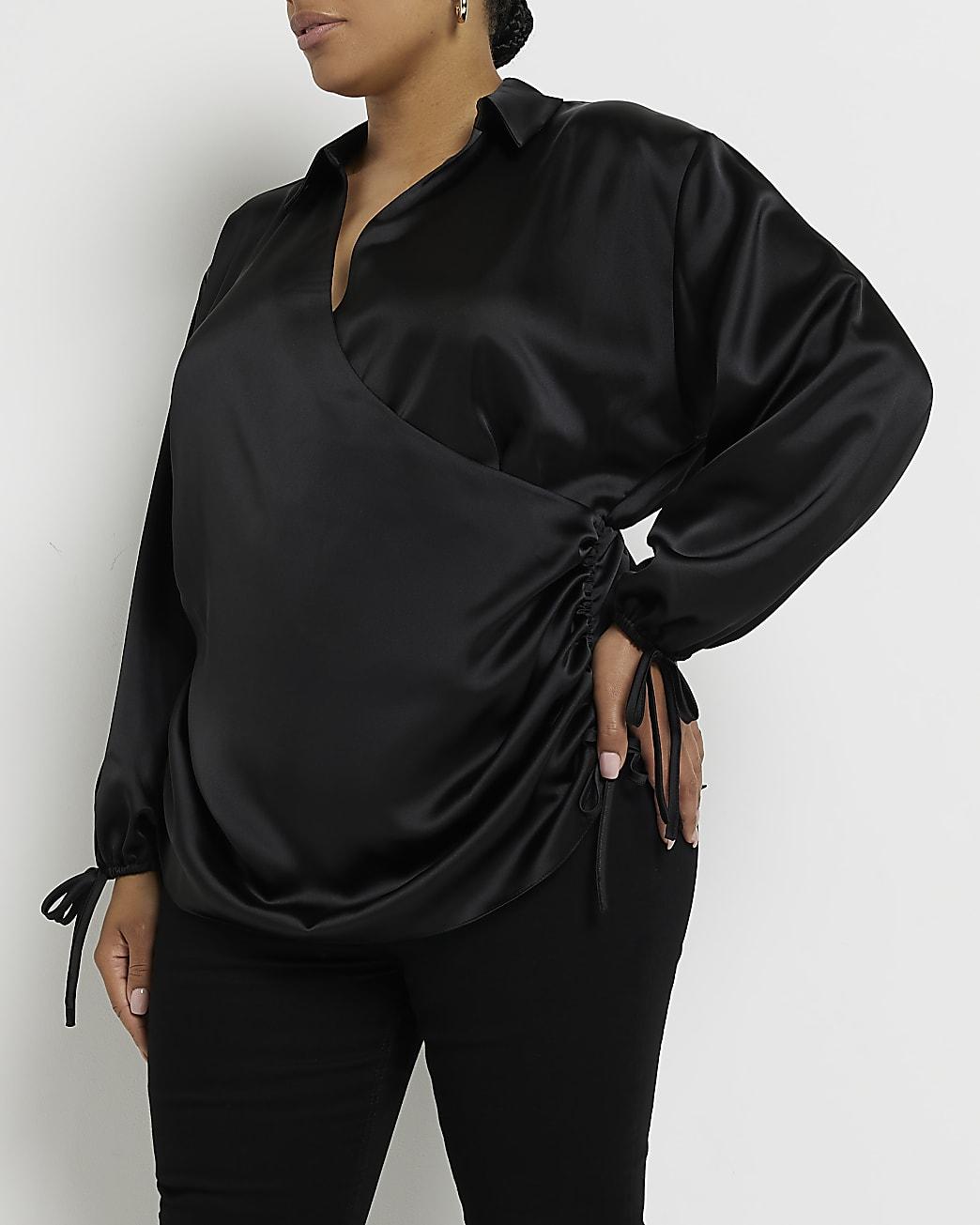 Black Satin Wrap Blouse | Lyst
