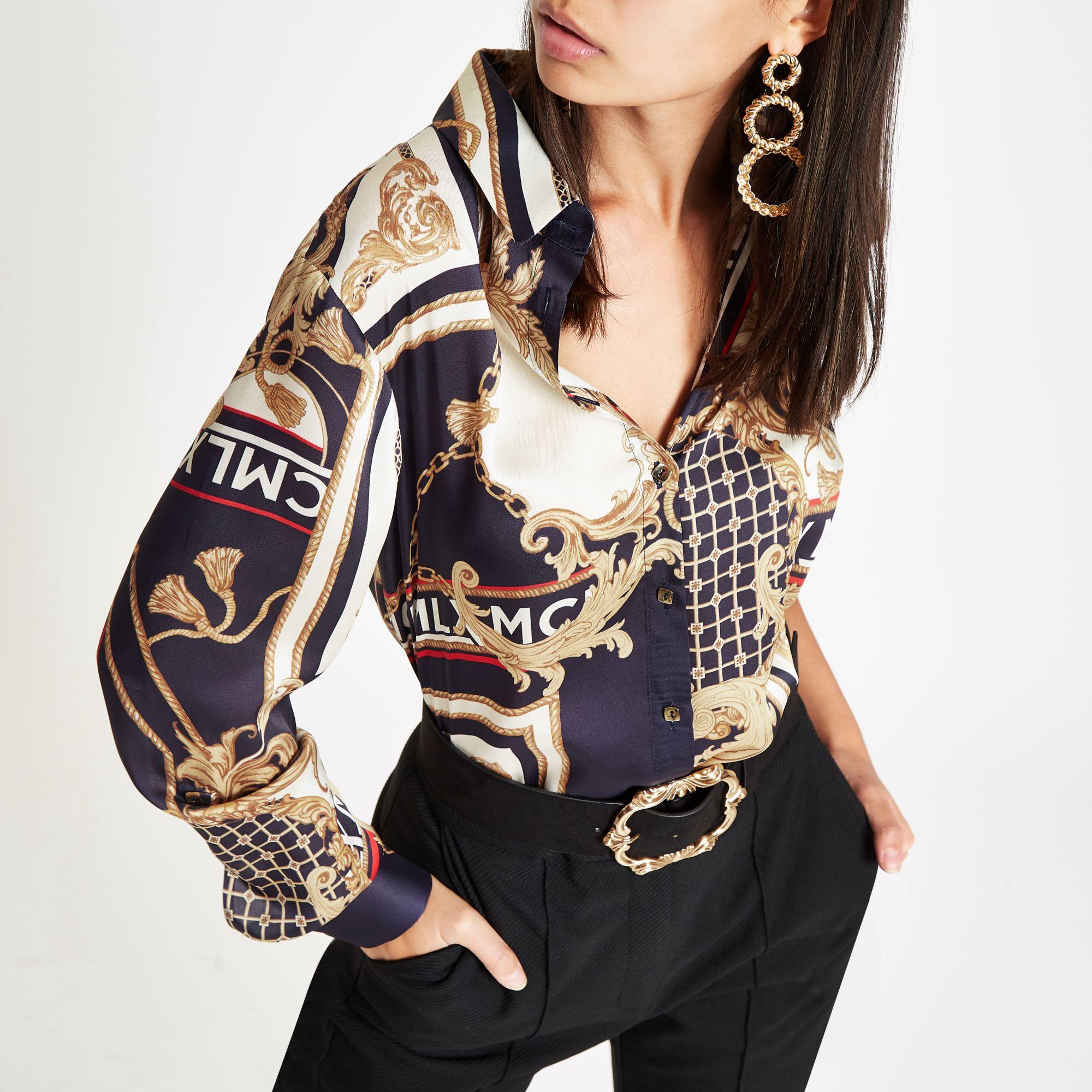 Navy Chain Print Oversized Shirt 