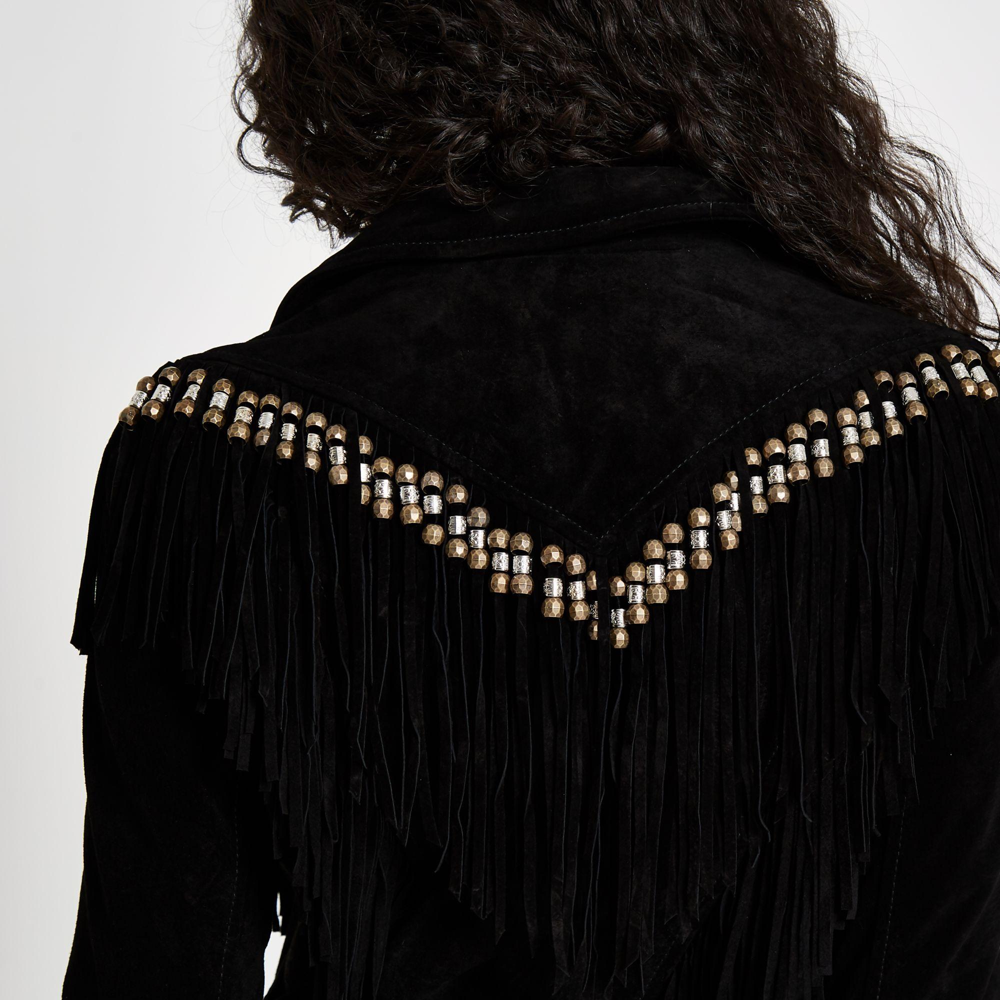 River Island Suede Fringe Beaded Biker Jacket in Black Lyst