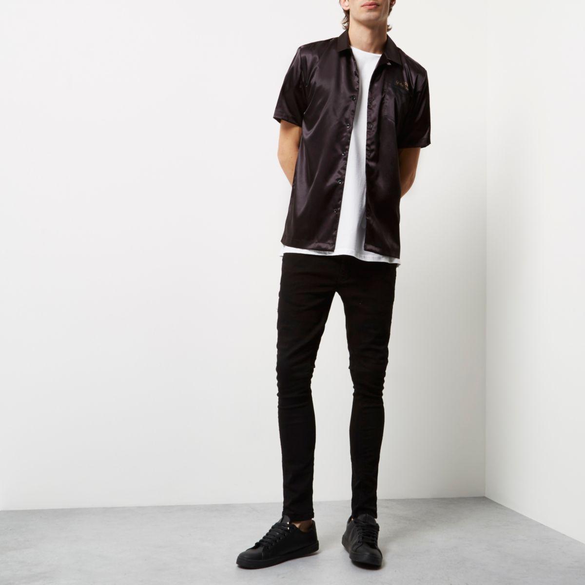 Black satin short sleeve shirt Clearance