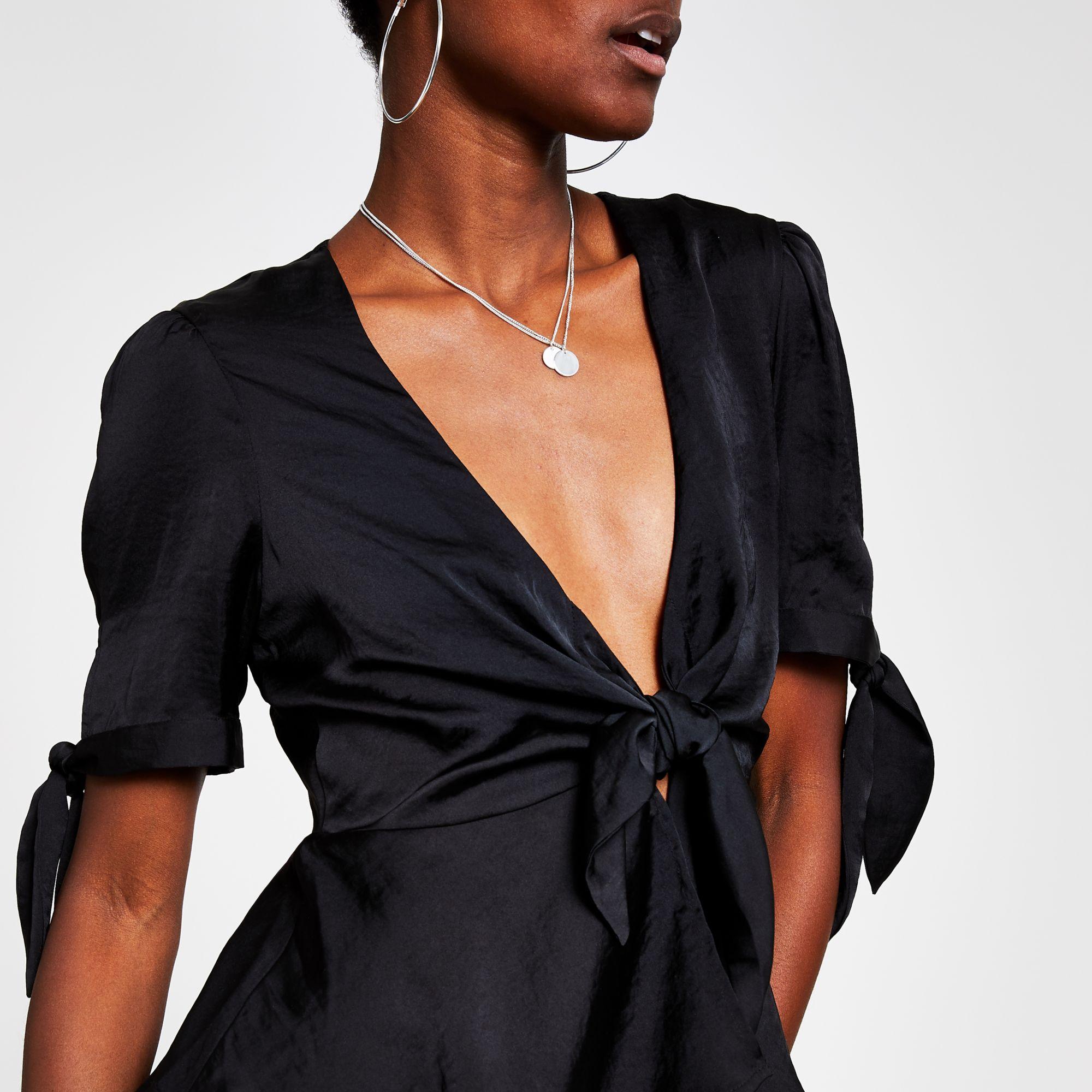 River Island Satin Bow Front Top in Black - Lyst