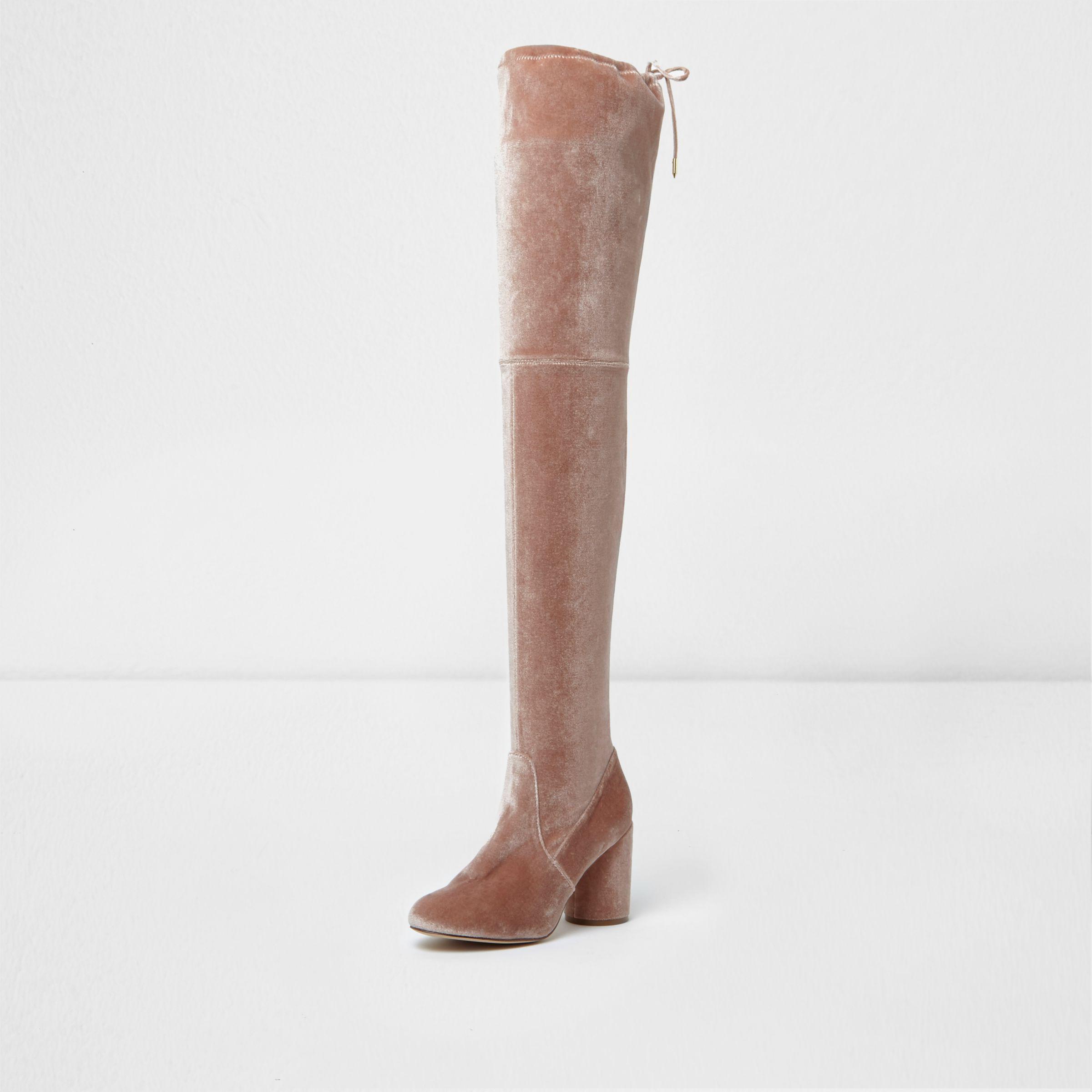 pink velvet knee high boots