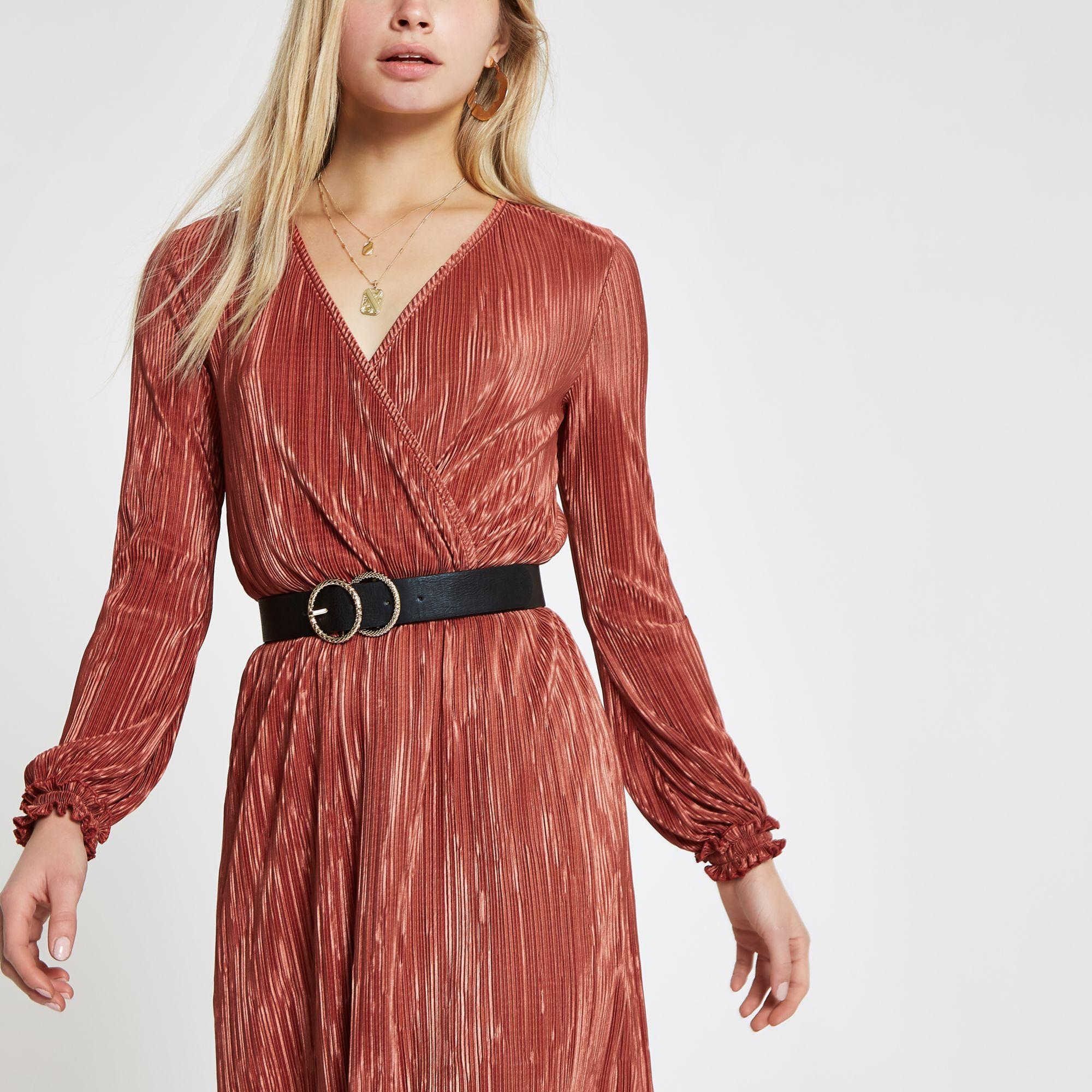 River Island Rust Plisse Wrap Front Mini Dress in Red - Lyst