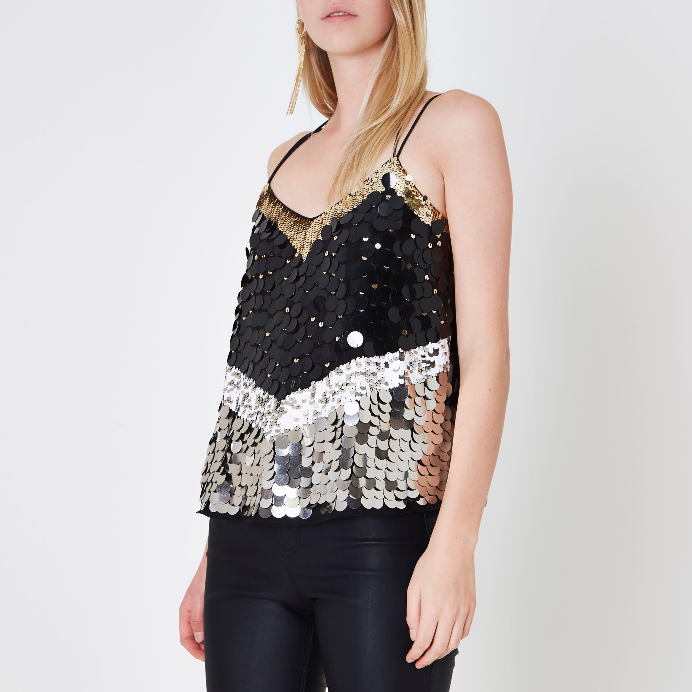 River Island Synthetic Black Sequin Disc Embellished Cami Top - Lyst