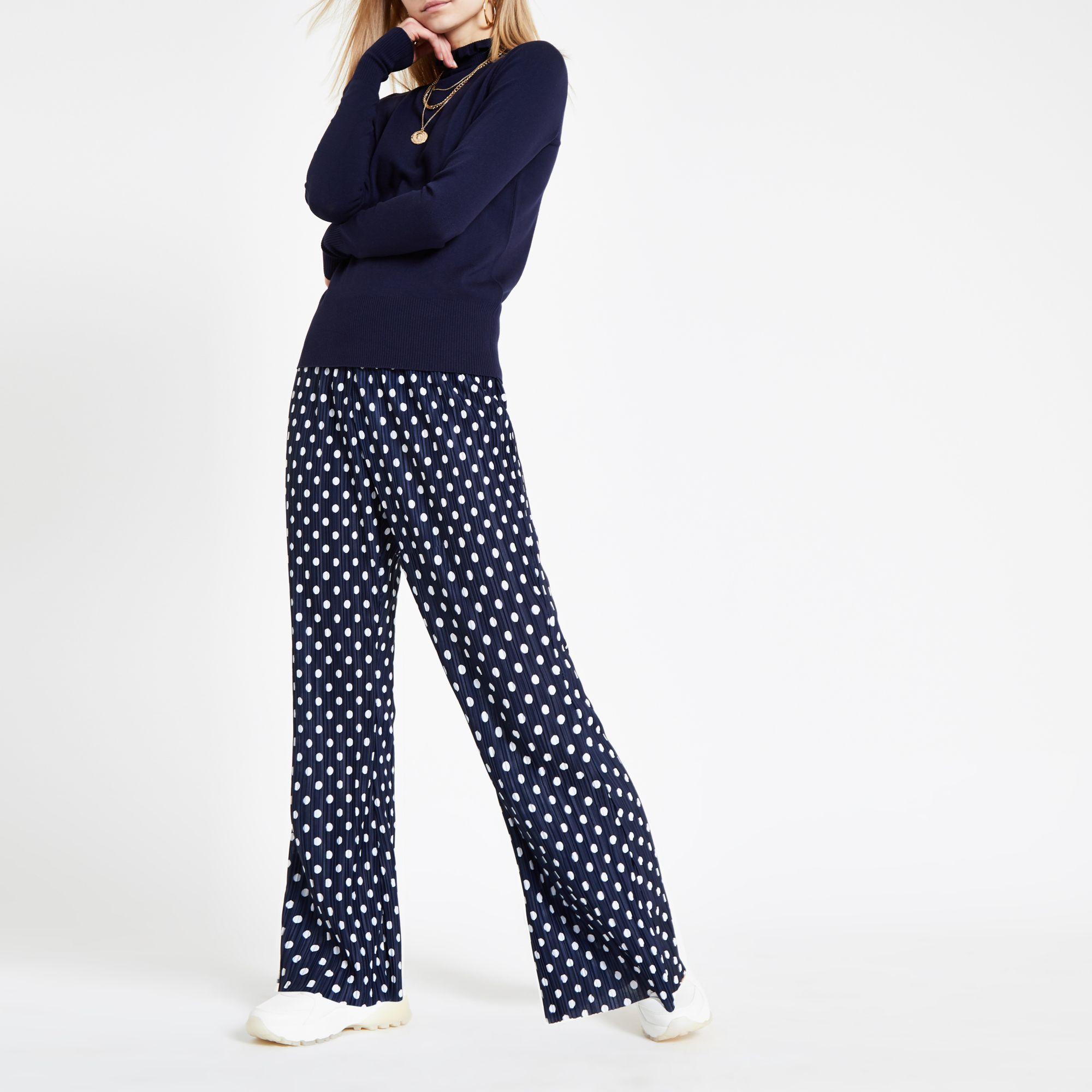 Navy Spot Print Plisse Flare Trousers 