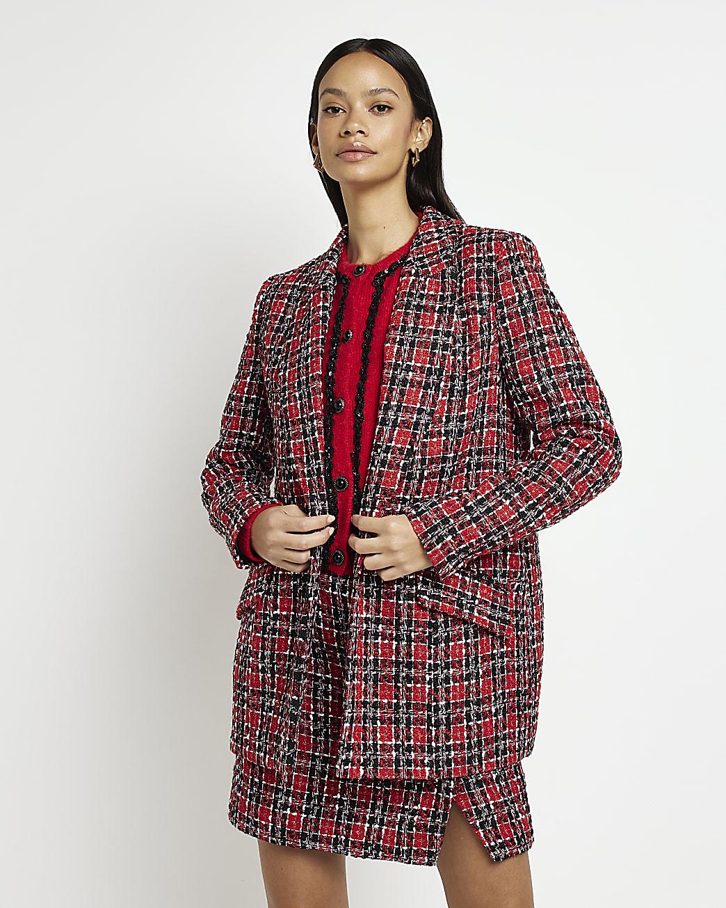 River Island Red Check Boucle Blazer | Lyst