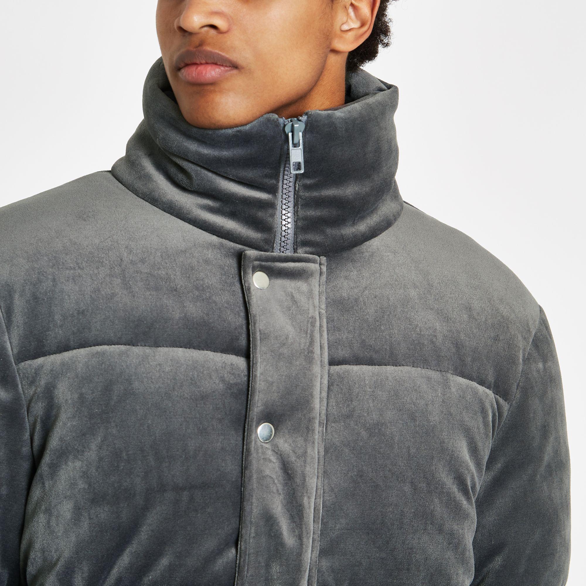 River Island Velvet Funnel Neck Puffer Jacket in Grey (Gray) for Men Lyst