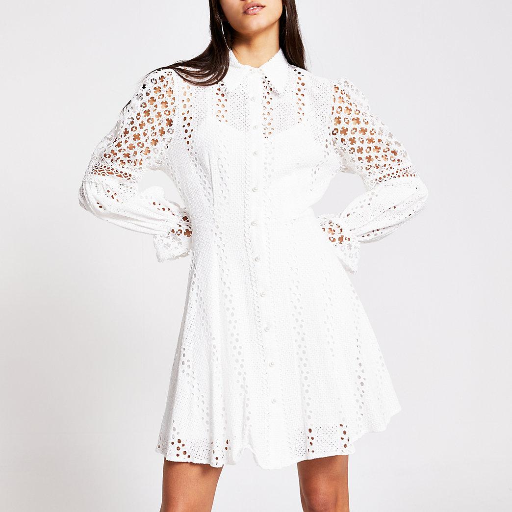 Long Sleeve Pearl Button Broderie Dress ...