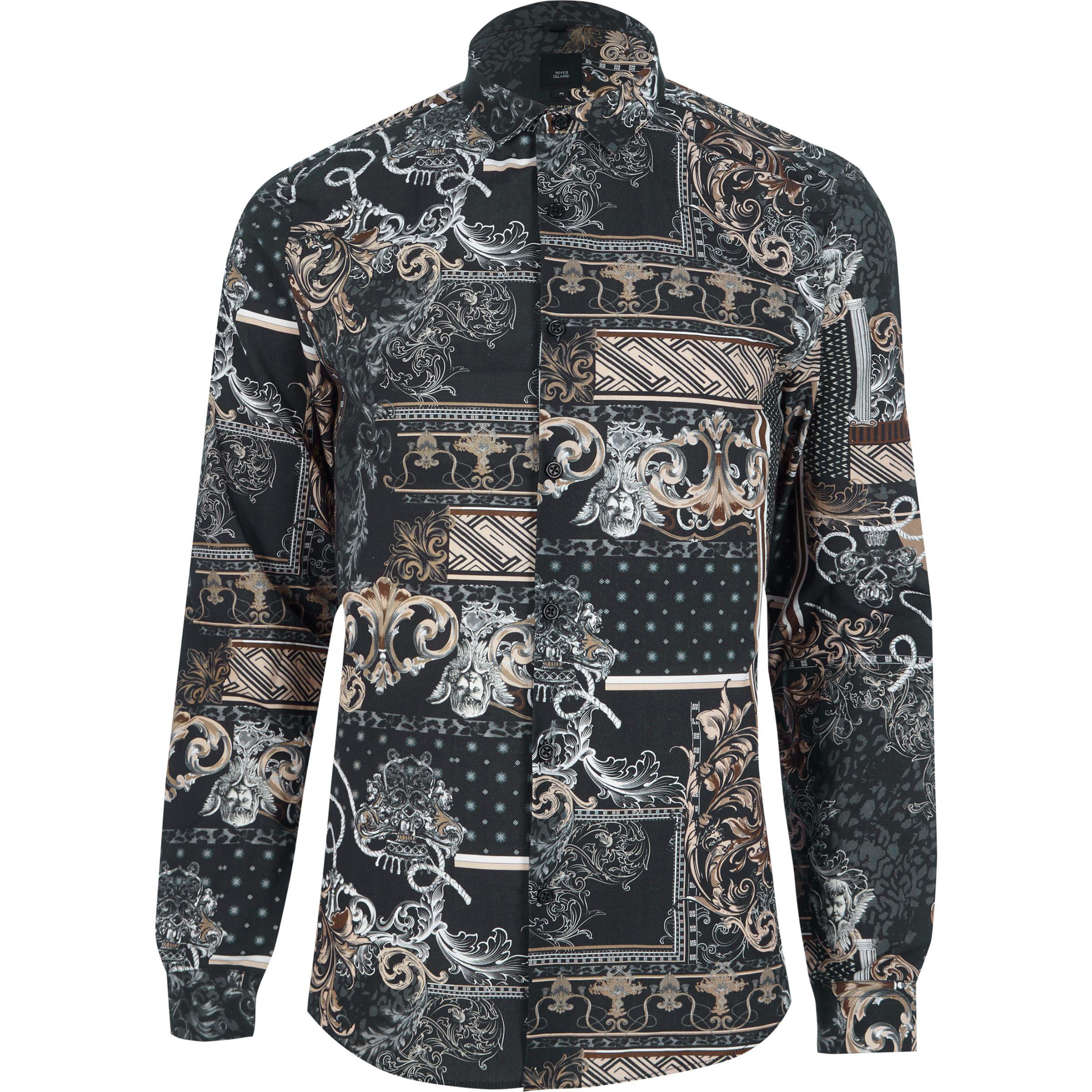 River Island Cotton Baroque Print Slim Fit Shirt in Black for Men - Lyst