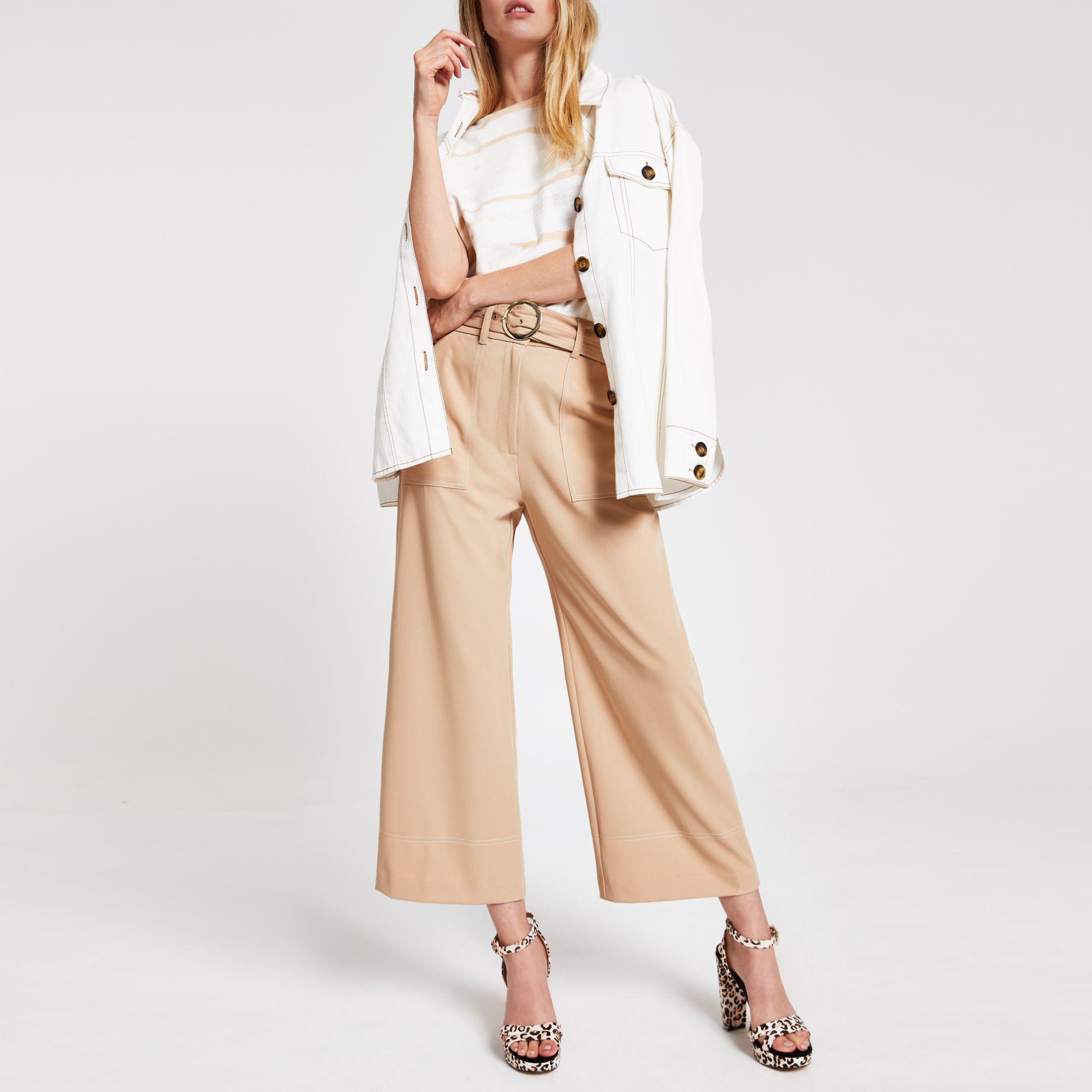 River Island Synthetic Straight Wide Leg Trousers in Beige (Natural) Lyst