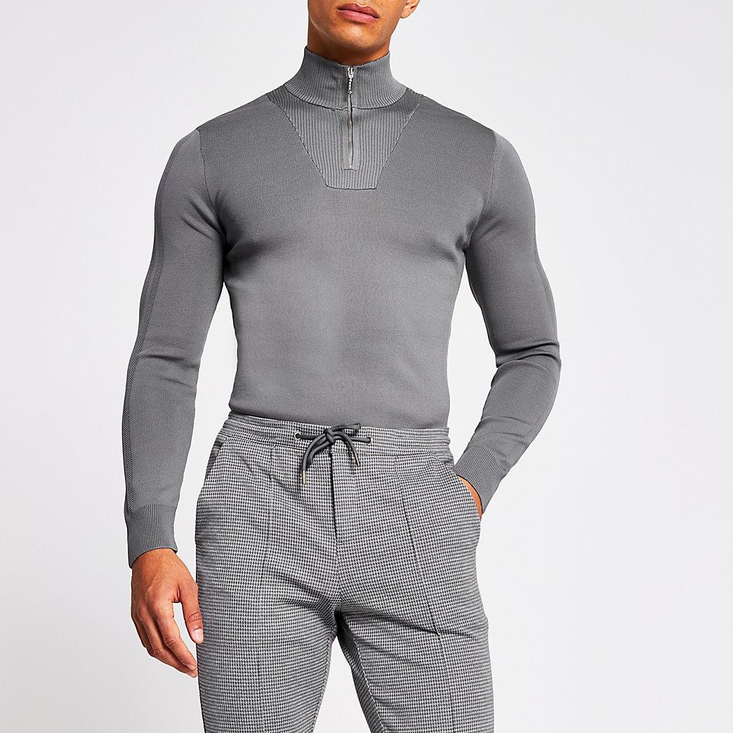 River Island Grey Half Zip Muscle Fit Knitted Jumper in Black for Men - Lyst