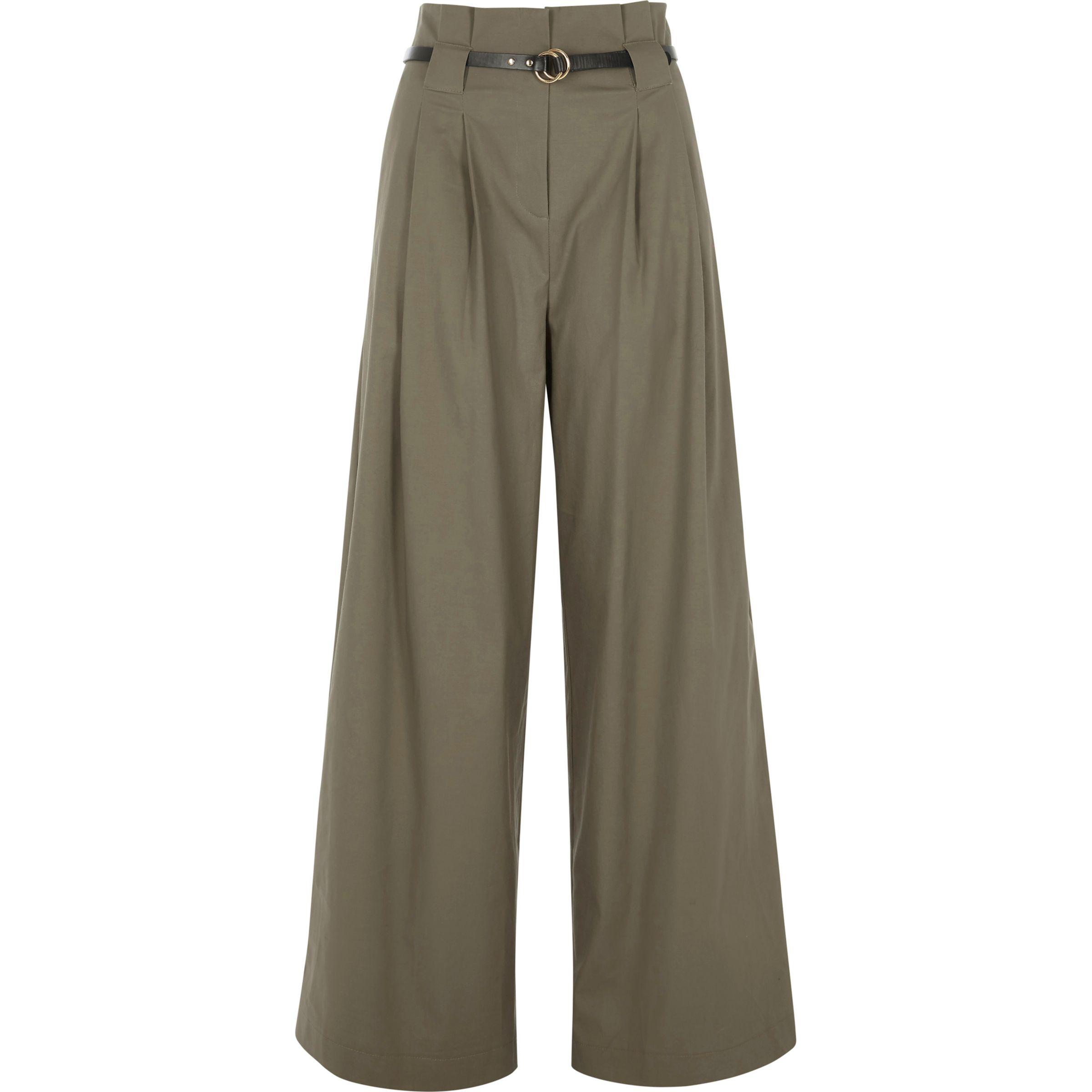 River Island Synthetic High Waisted Belted Wide Leg Trousers in Khaki ...