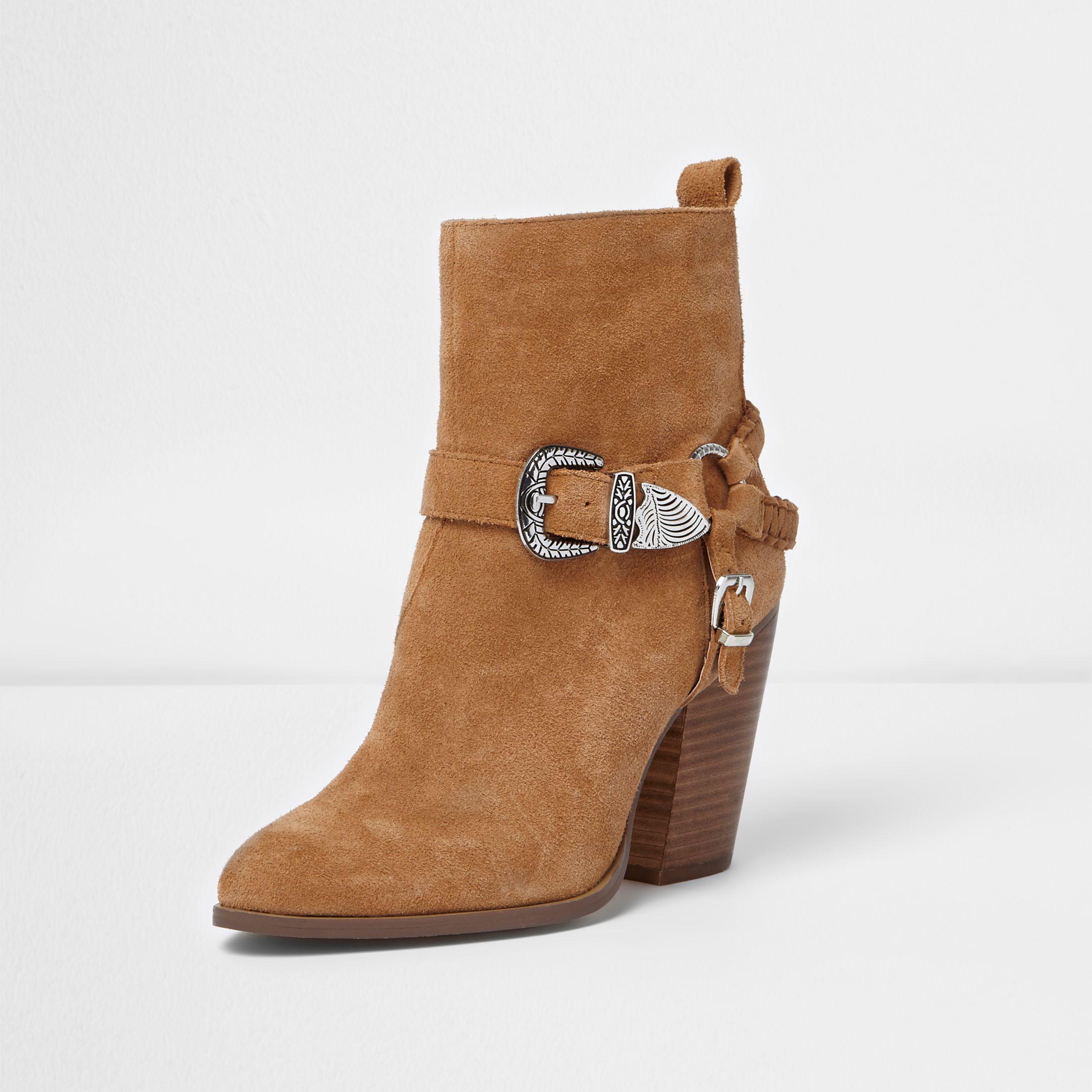 River Island Brown Suede Western Buckle Boots - Lyst