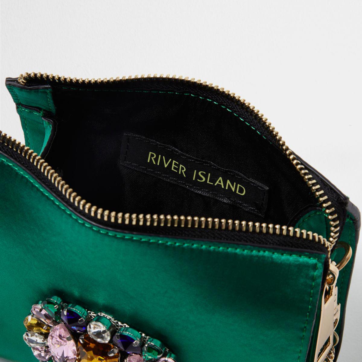 River Island Green Satin Embellished Chain Cross Body Bag - Lyst