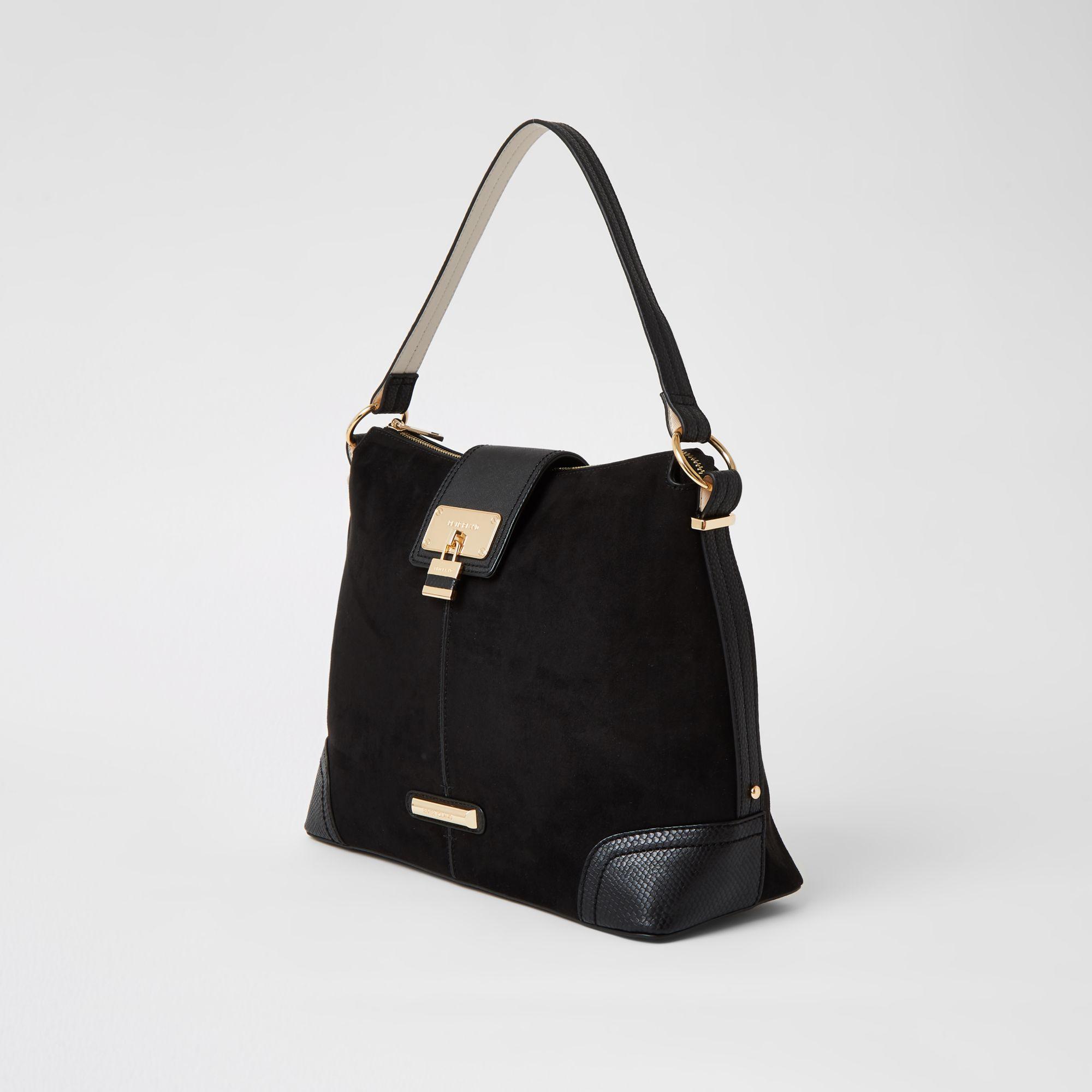 River Island Faux Suede Lock Front Slouch Bag in Black - Lyst