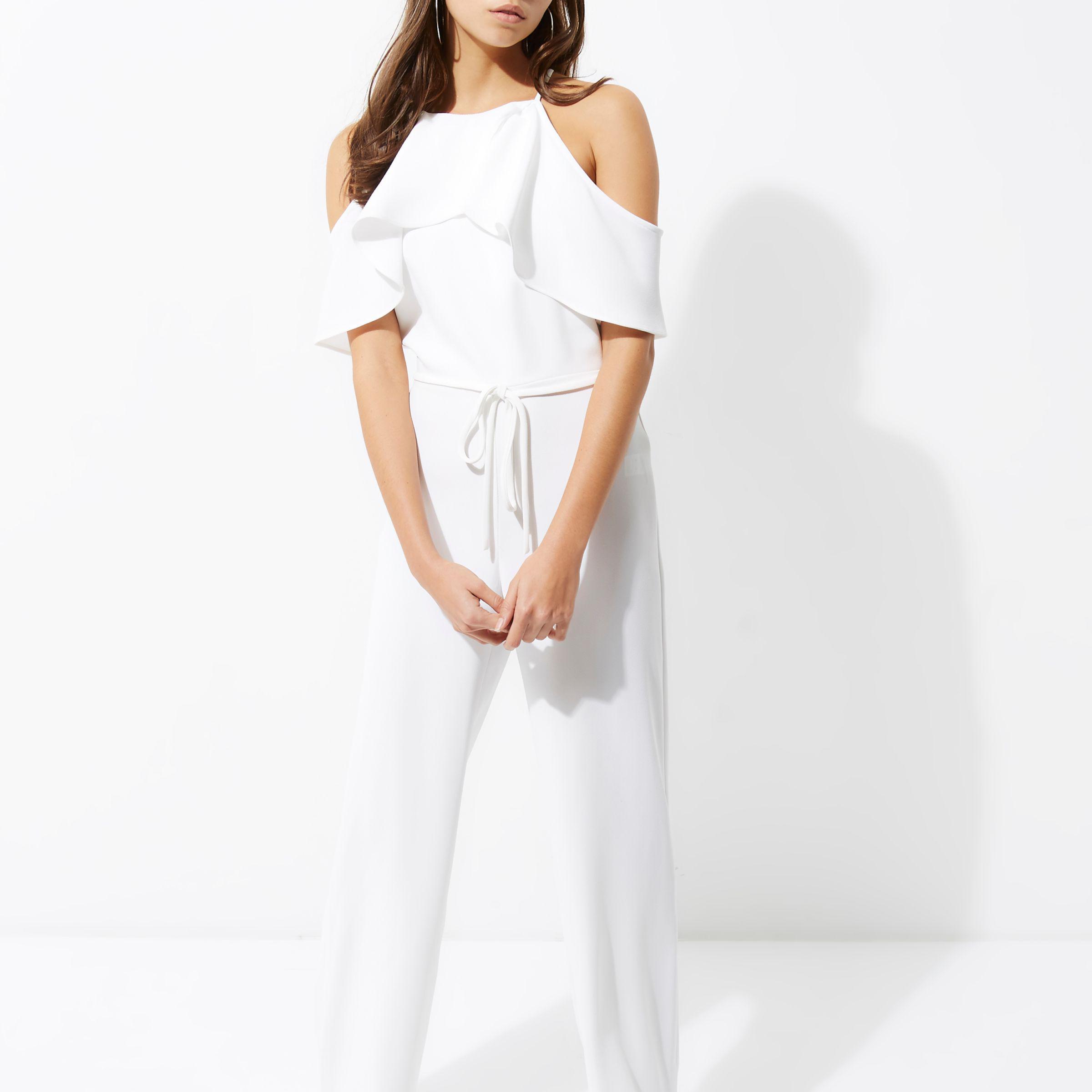 river island white frill playsuit