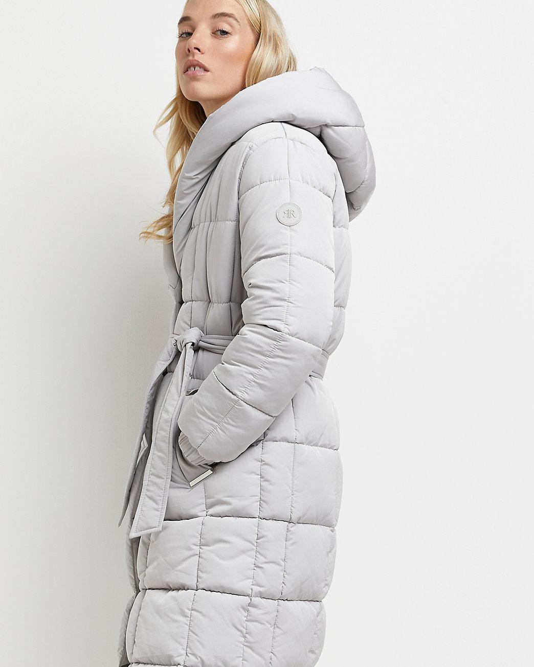 grey belted puffer coat