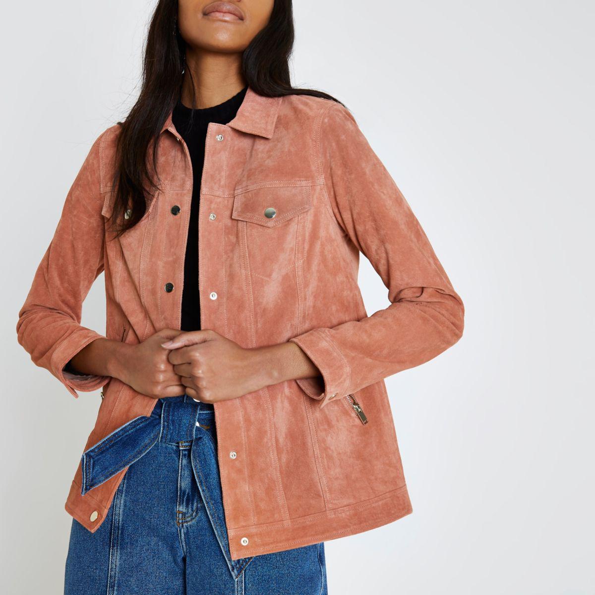 Lyst River Island Dark Pink Suede Trucker Jacket Dark Pink Suede