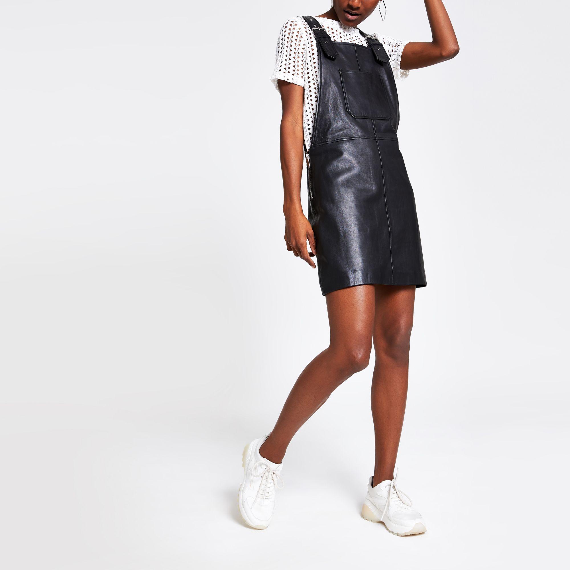 River Island Leather Pinafore Dress in Black - Lyst