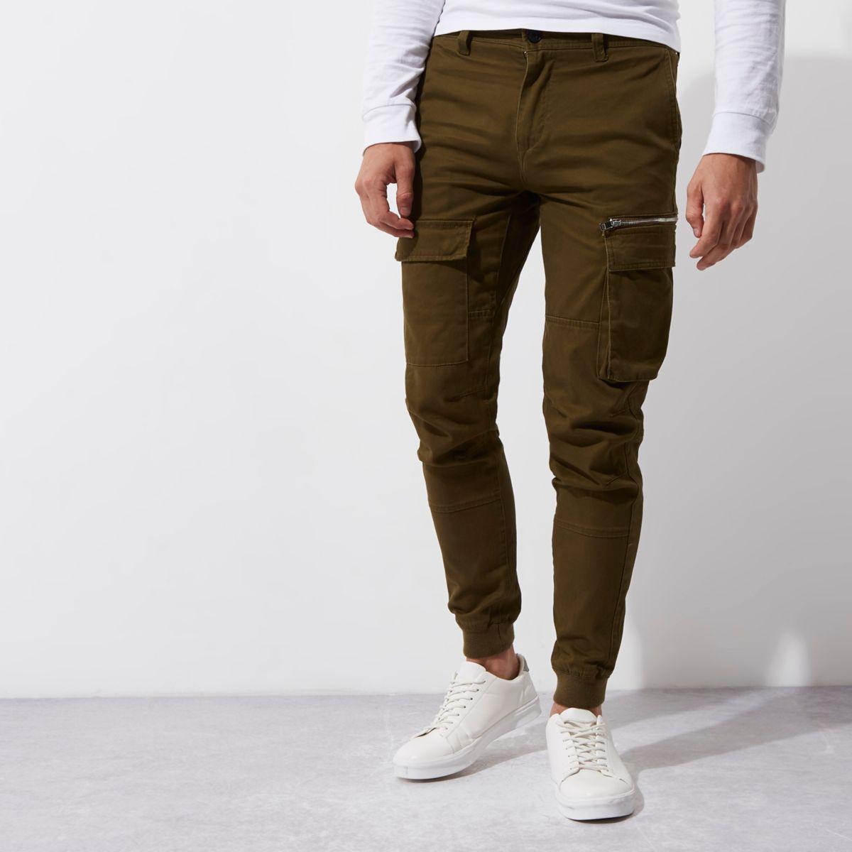 river island slim fit cargo trousers in khaki