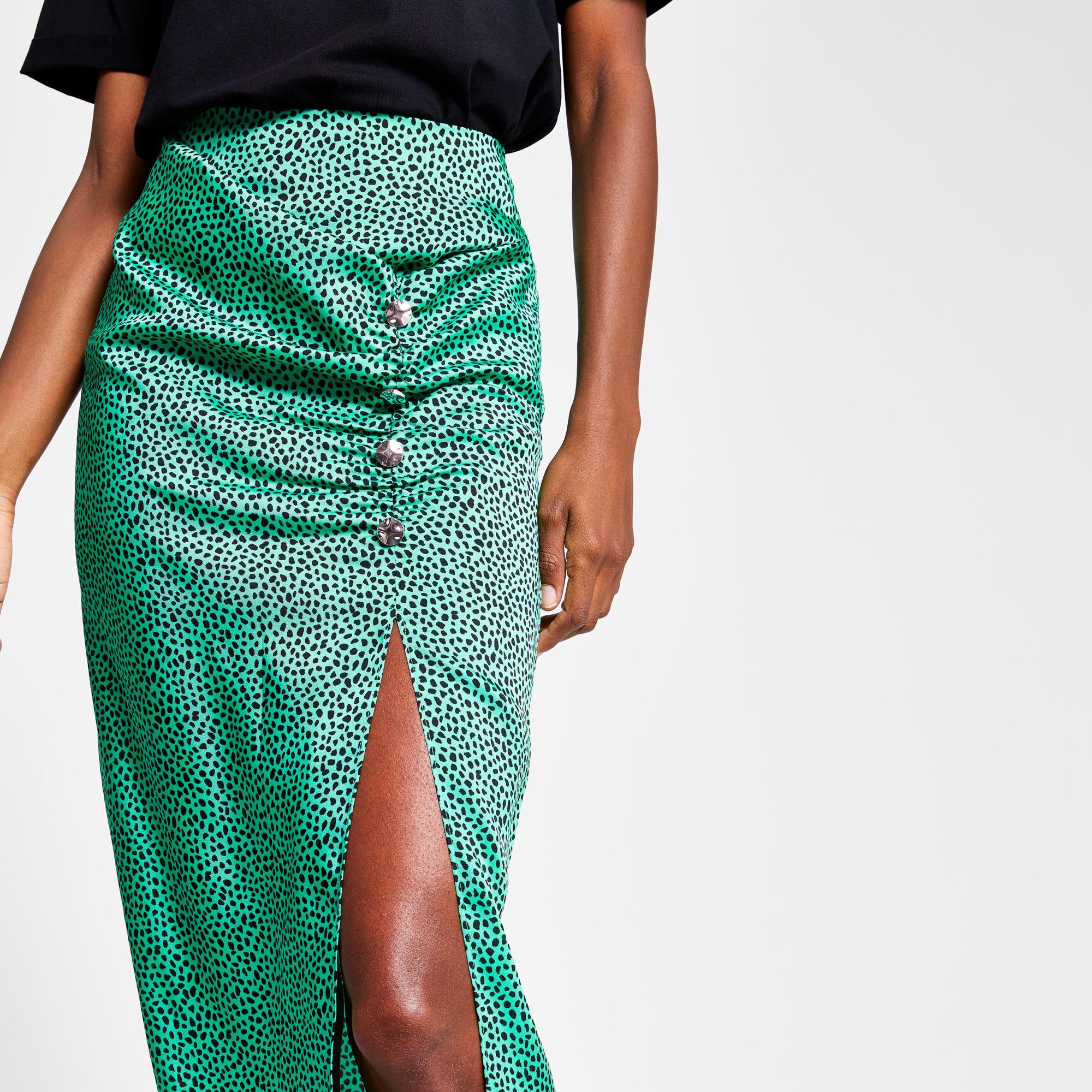 River Island Spot Ruched Midi Skirt in Green Lyst
