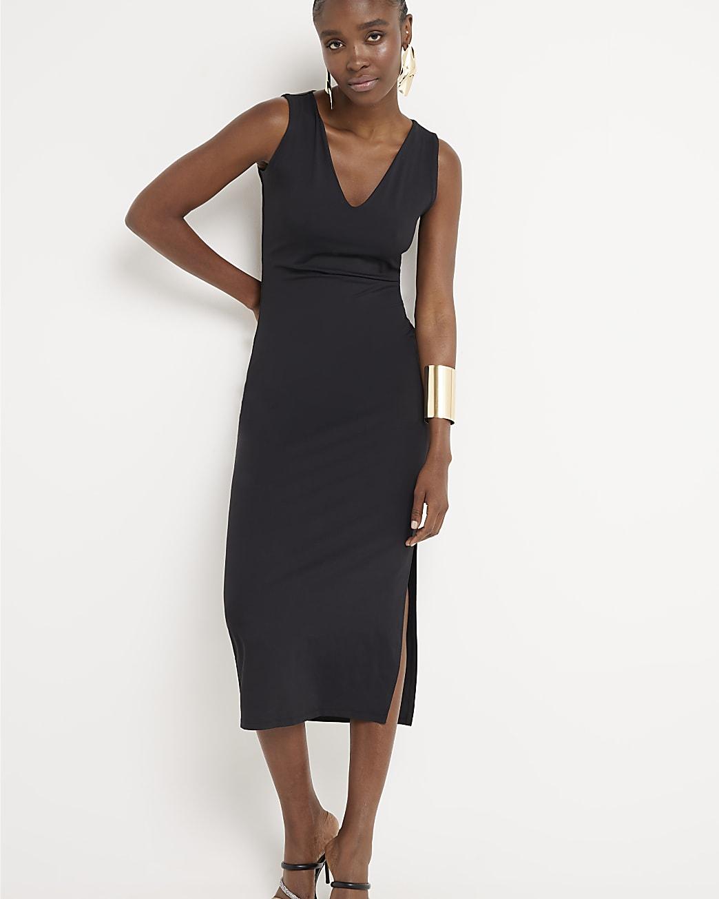 River Island Black V Neck Midi Dress Lyst UK