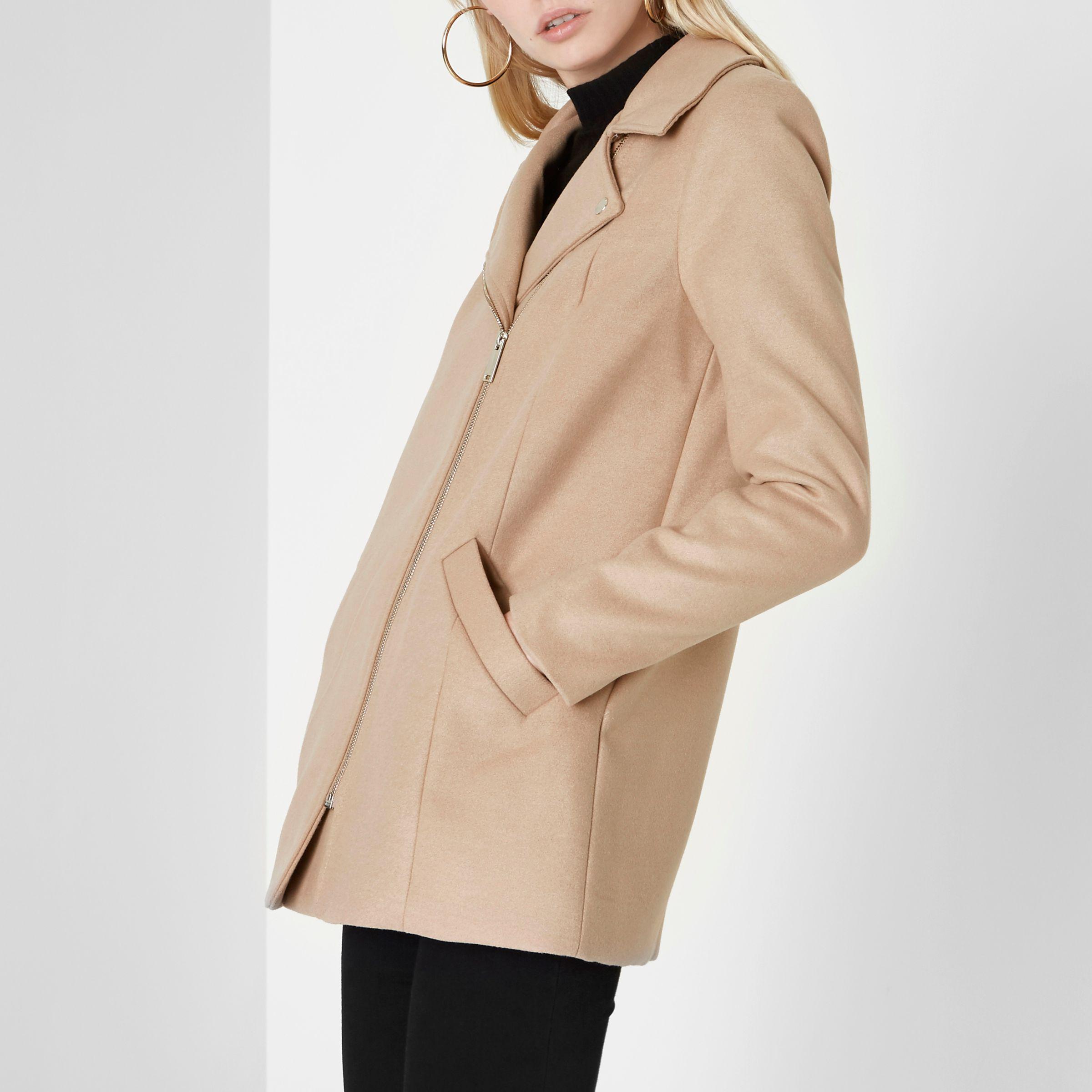 River Island Synthetic Biker Faux Fur Collar Coat In Camel Natural Lyst