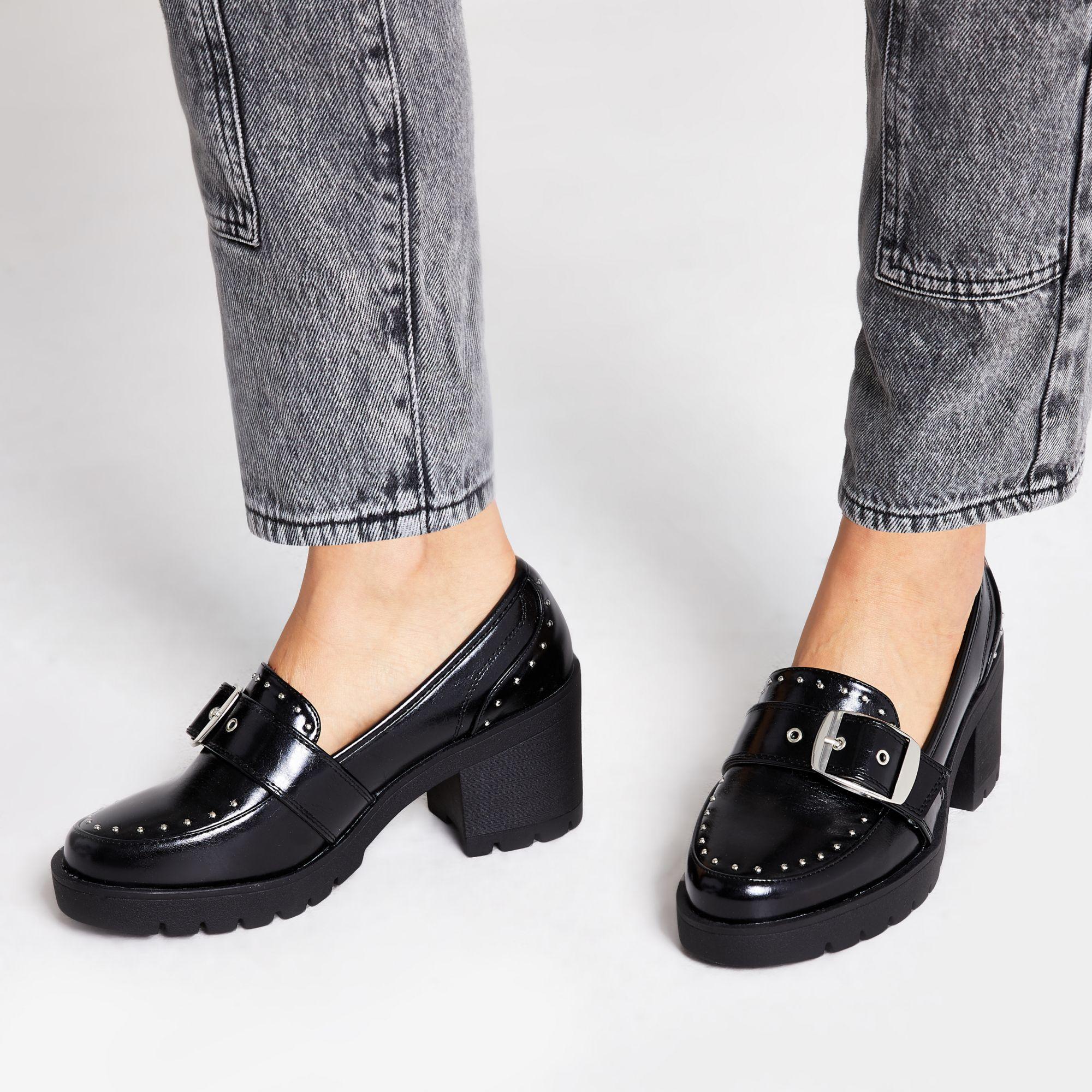River Island Studded Chunky Heel Loafers in Black | Lyst