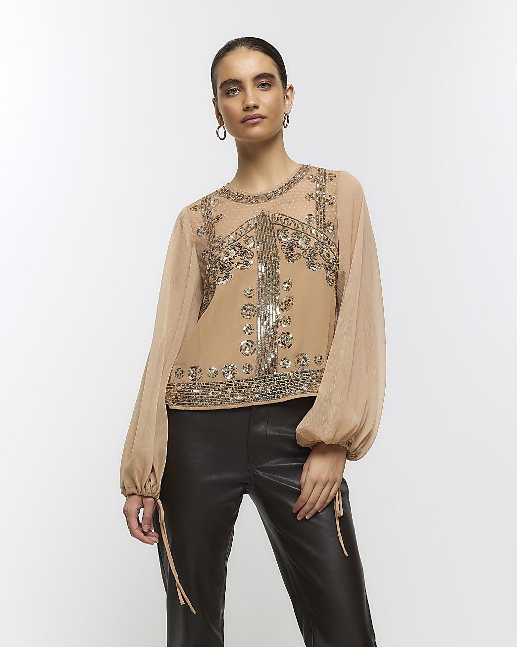 River Island Gold Embellished Long Sleeve Blouse in Natural | Lyst