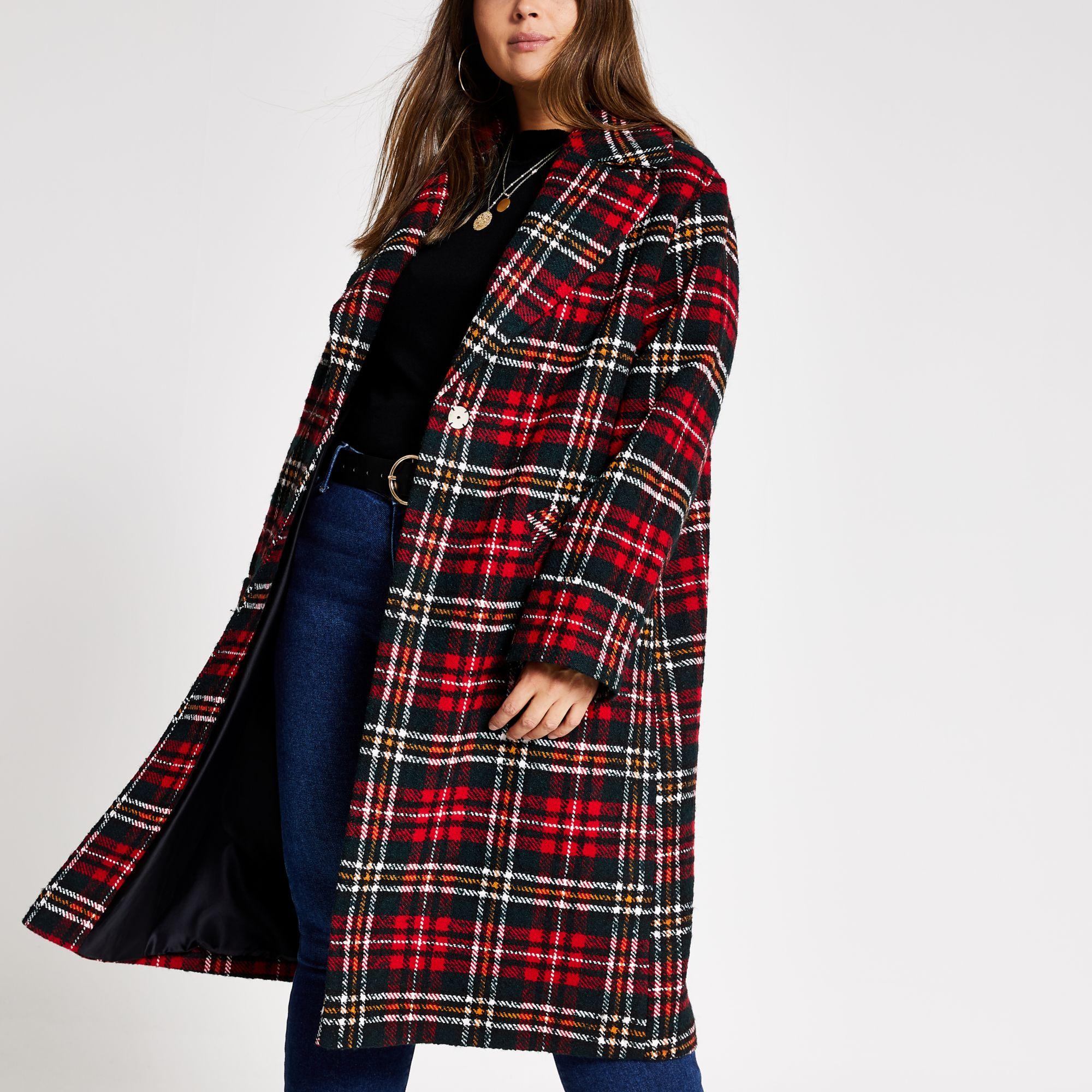 Red Tartan Check Longline Coat | Lyst 