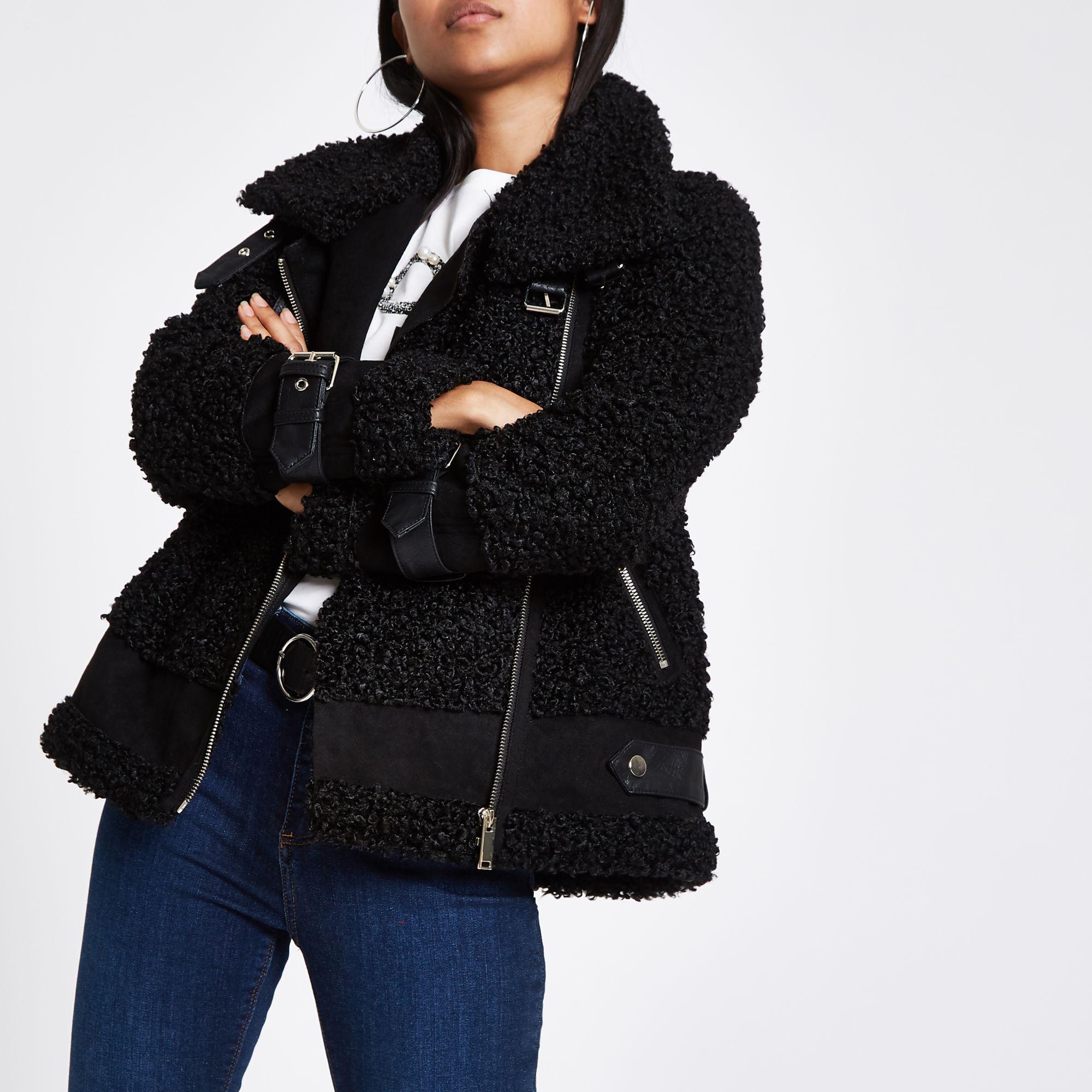 black borg lined teddy aviator jacket