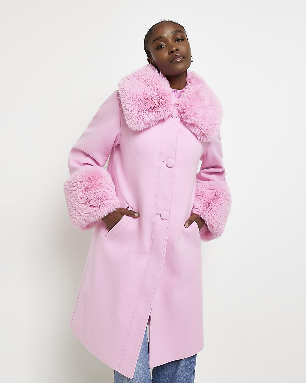 River Island Pink Faux Fur Detail Longline Coat