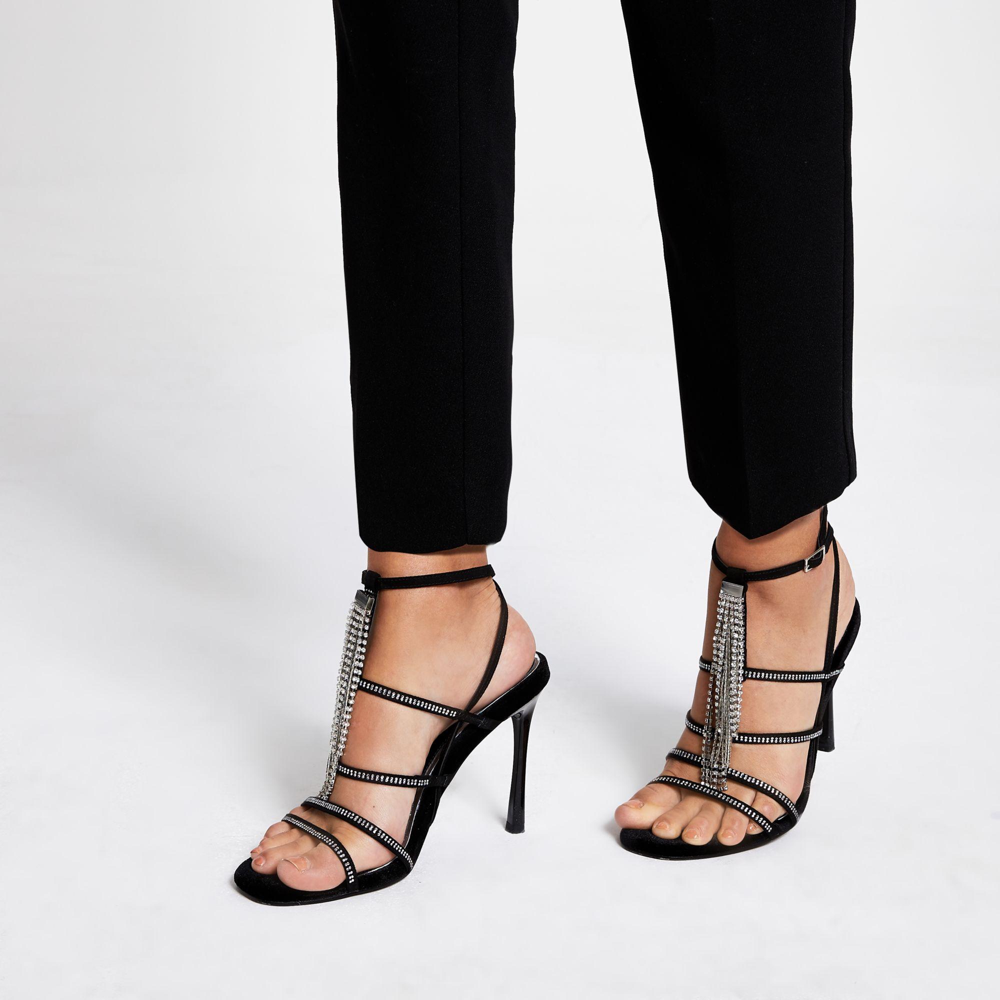 River Island Suede Diamante Strappy Heeled Sandal in Black - Lyst
