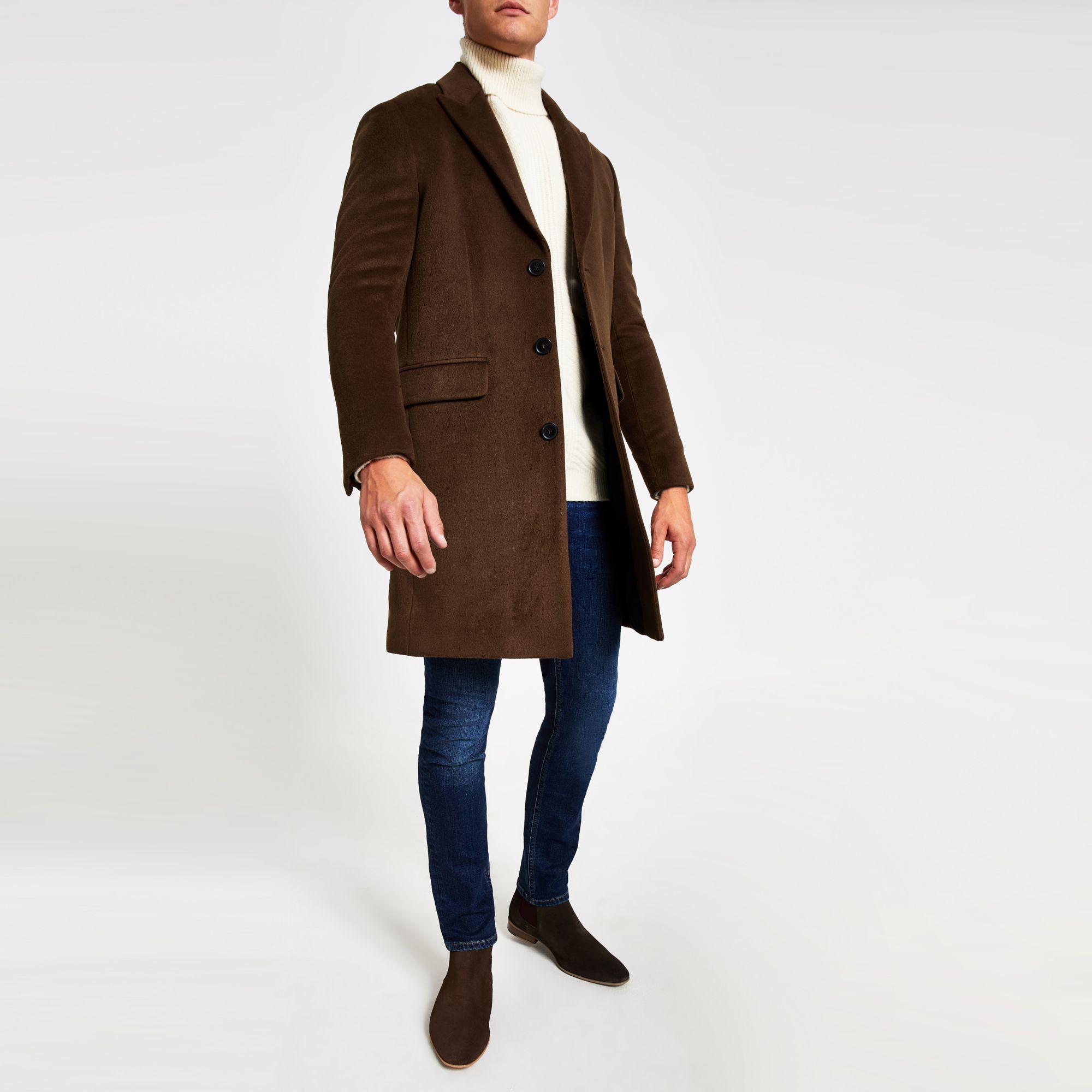 River Island Synthetic Dark Brown Single Breasted Overcoat for Men - Lyst