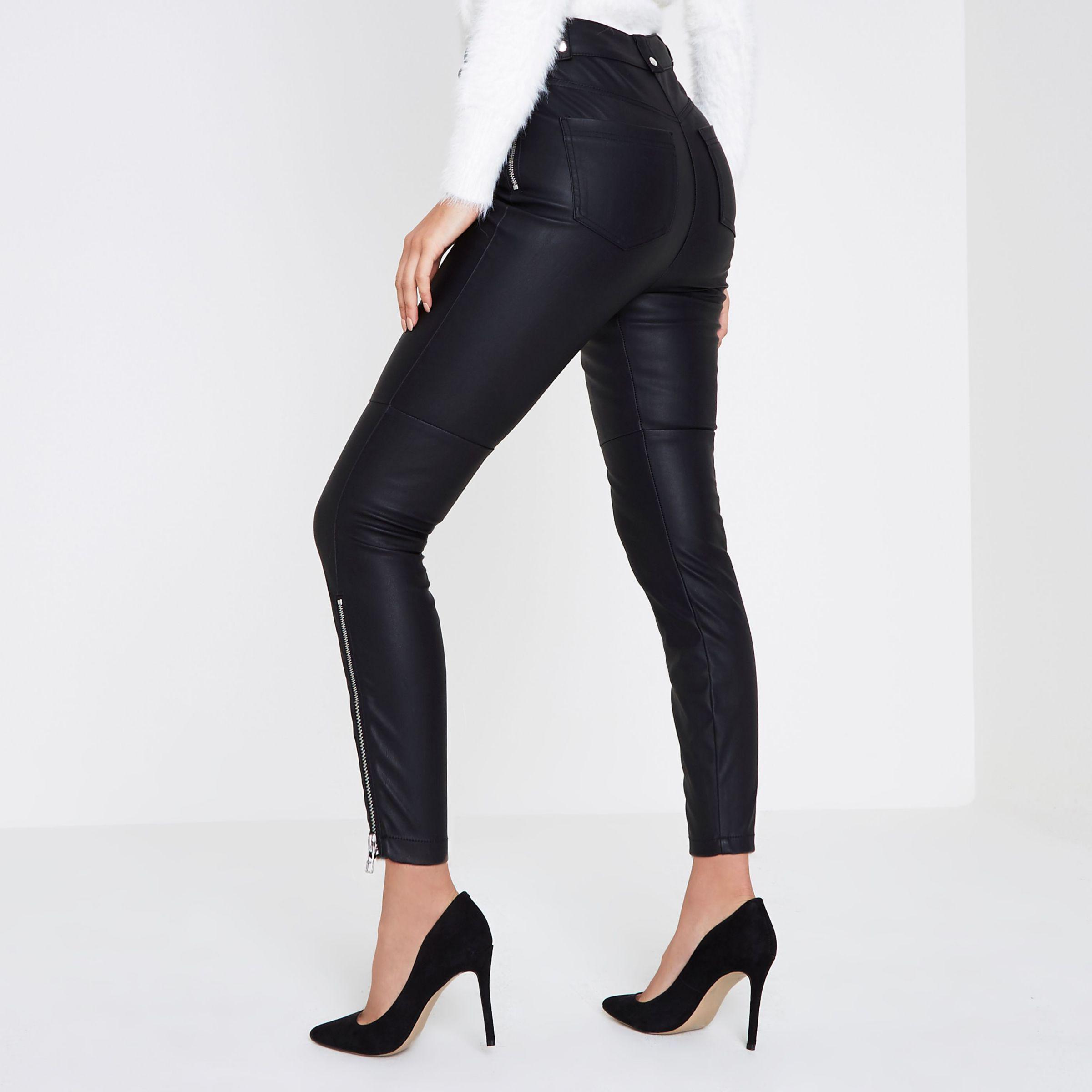 River Island Synthetic Black Lace-up Faux Leather Skinny Trousers - Lyst