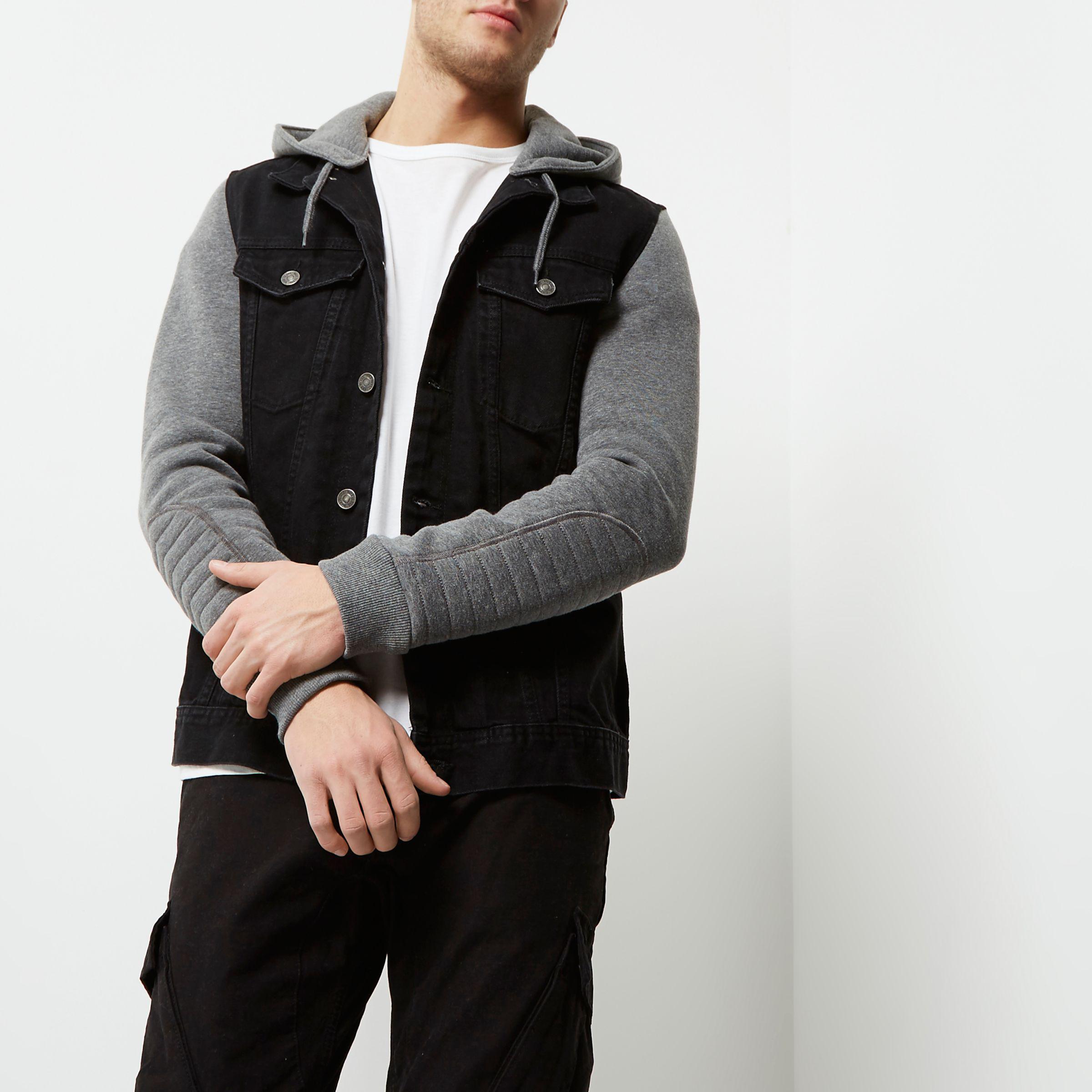 River Island Jersey Hoodie Denim Jacket in Black for Men Lyst