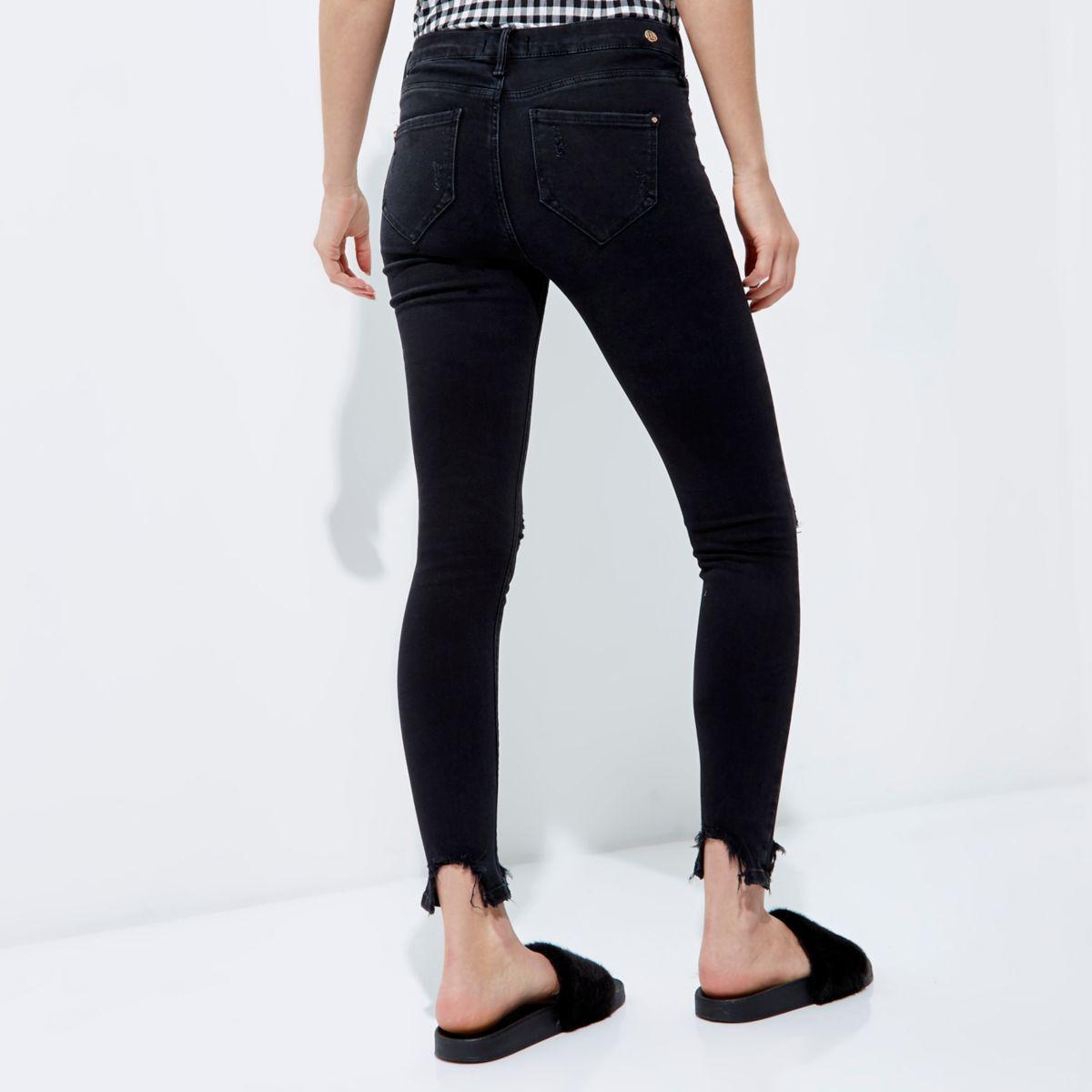 black chewed hem jeans