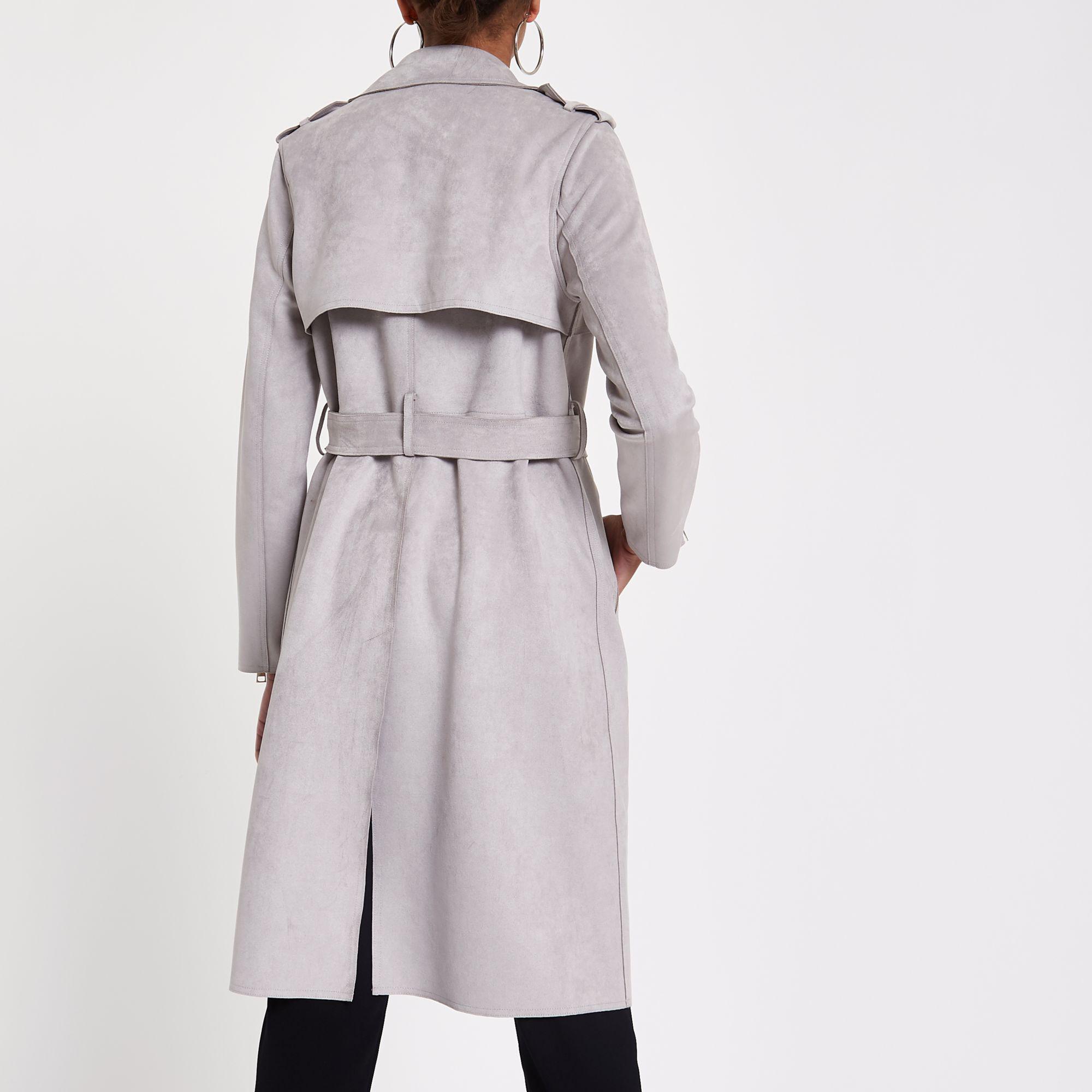 River Island Light Grey Faux Suede Longline Trench Jacket in Gray | Lyst