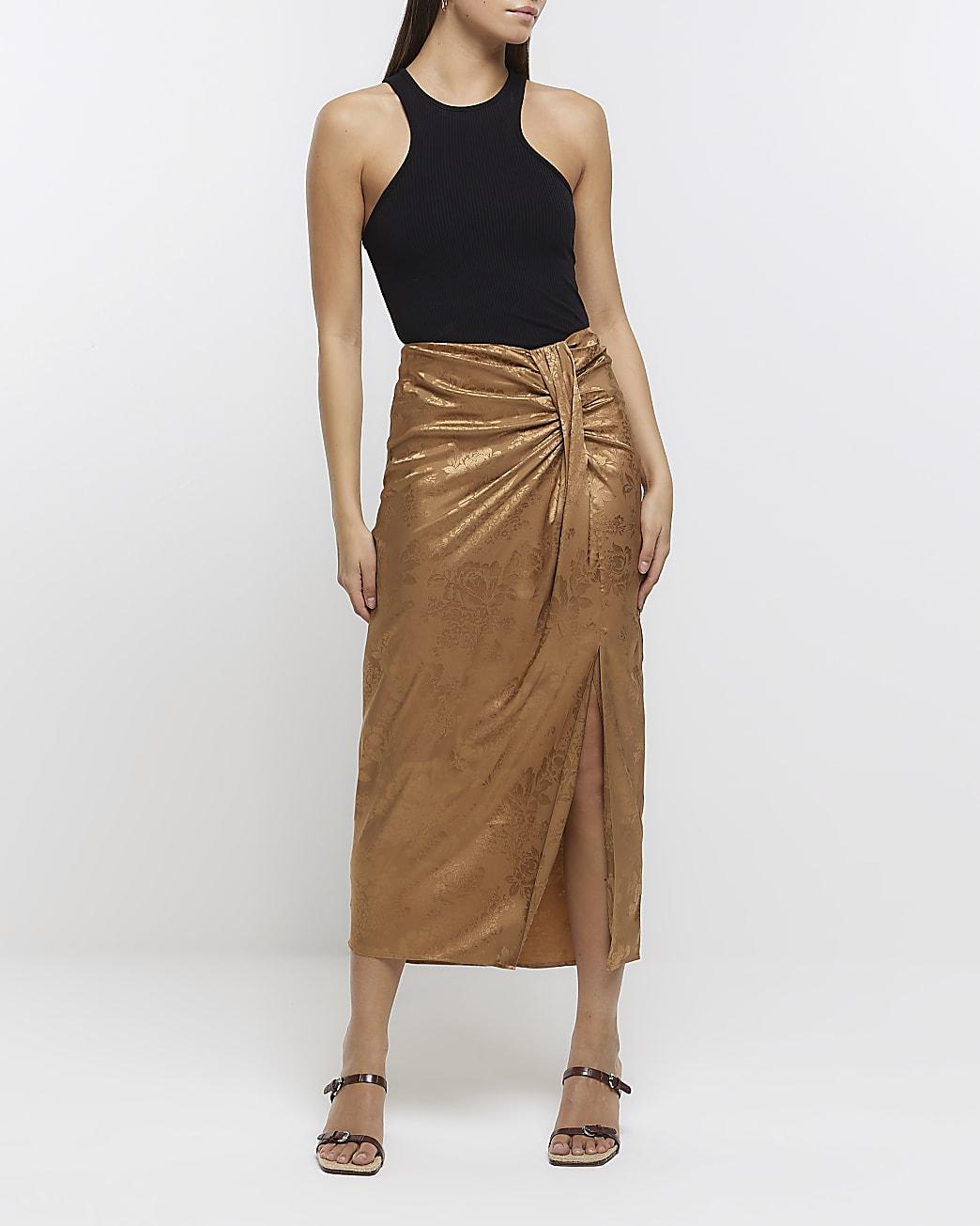 River Island Gold Jacquard Print Midi Skirt in Natural Lyst