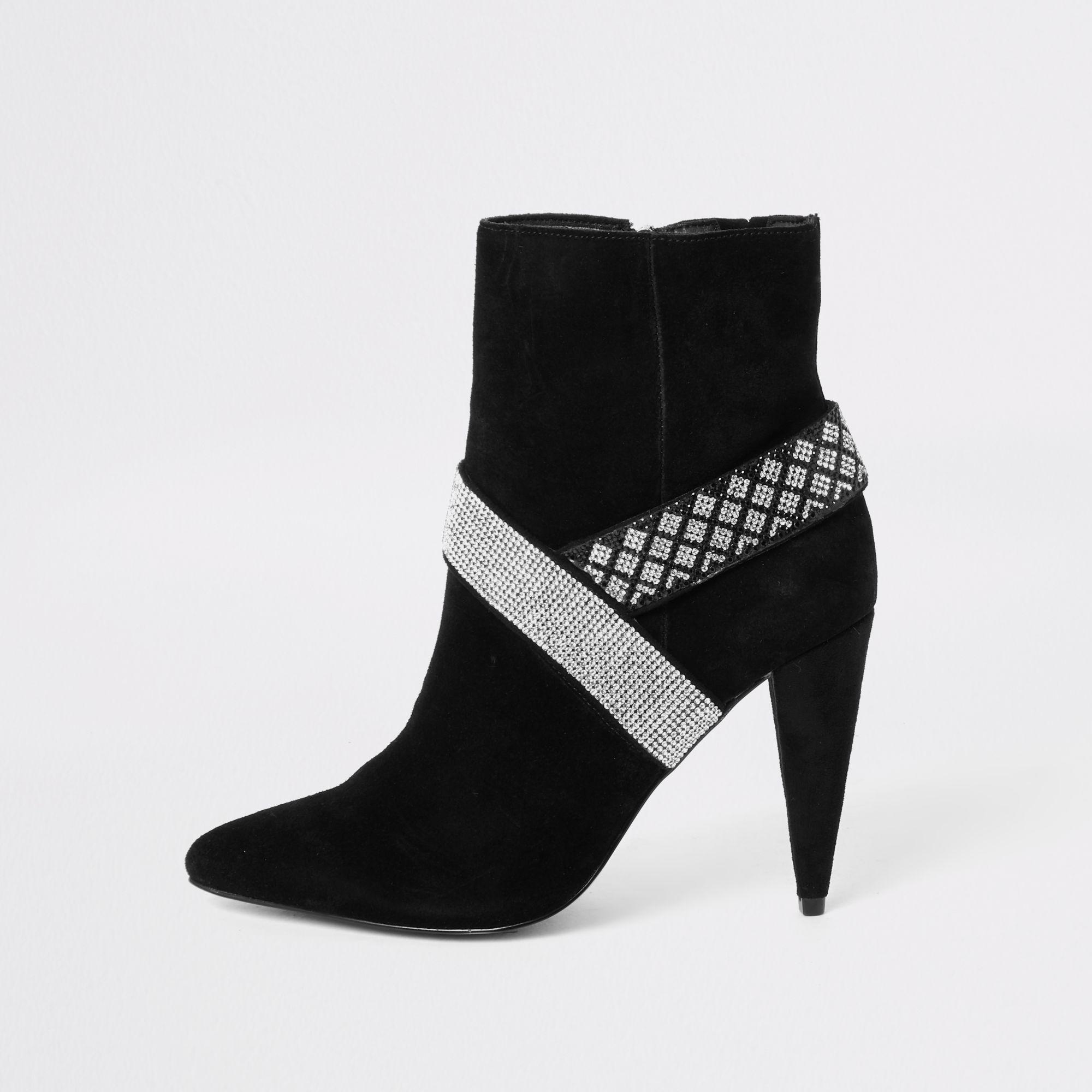River Island Black Suede Diamante Embellished Boots - Lyst