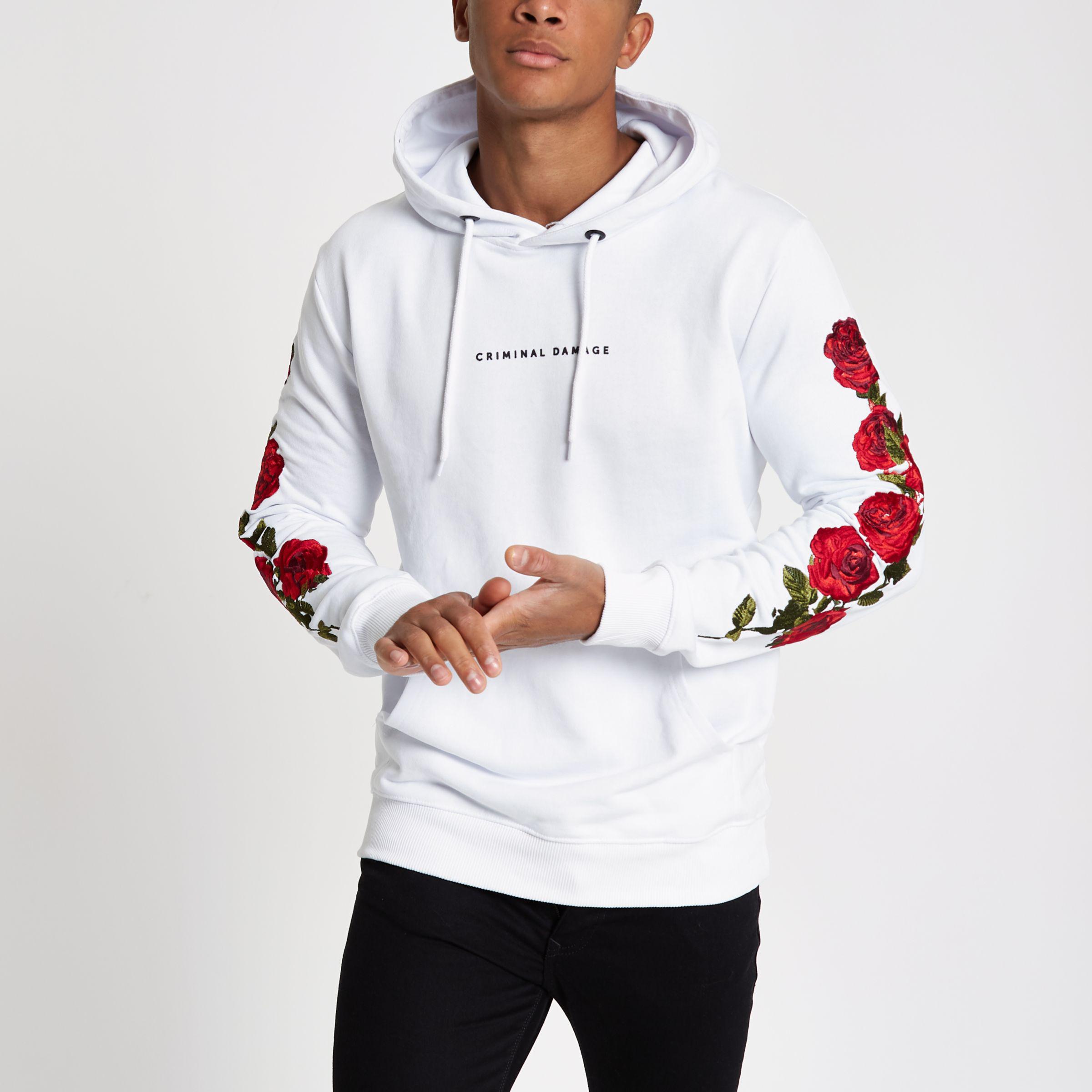 River Island Cotton Criminal Damage White Rose Embroidered Hoodie for Men -  Lyst